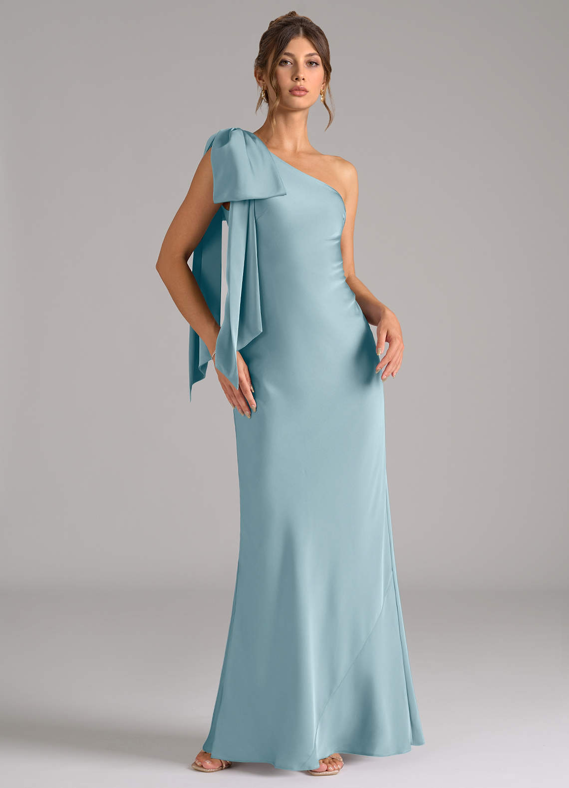 Azazie Capri Vestidos de damas de honor Vestido de Azul Malhumorado de Satén Elástico de Corte Sirena con Hombro unilateral image1