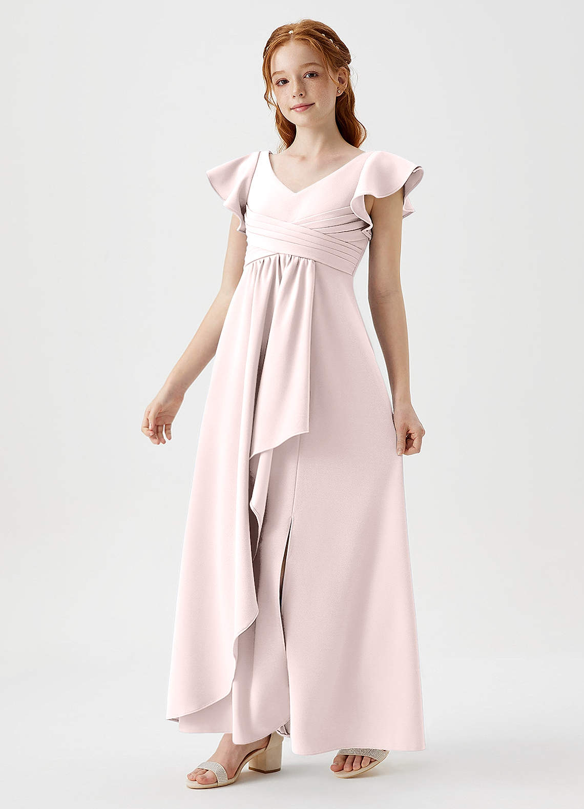 Azazie Omari Junior Blushing Pink A-Line Pleated Stretch Crepe Dress image1