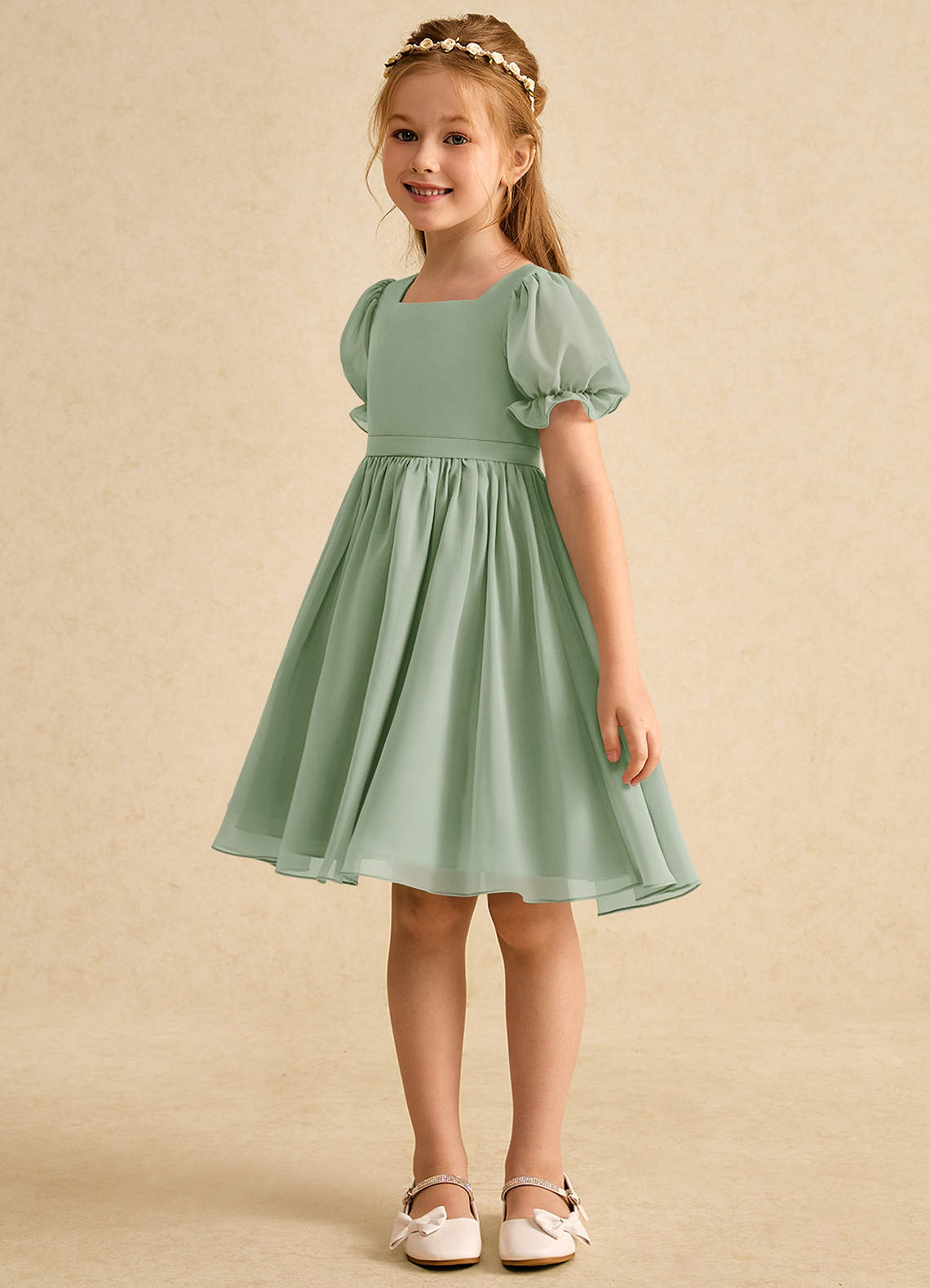Azazie Jolie Flower Girl Dresses Dusty Sage A-Line with Sleeves Chiffon Dress image4