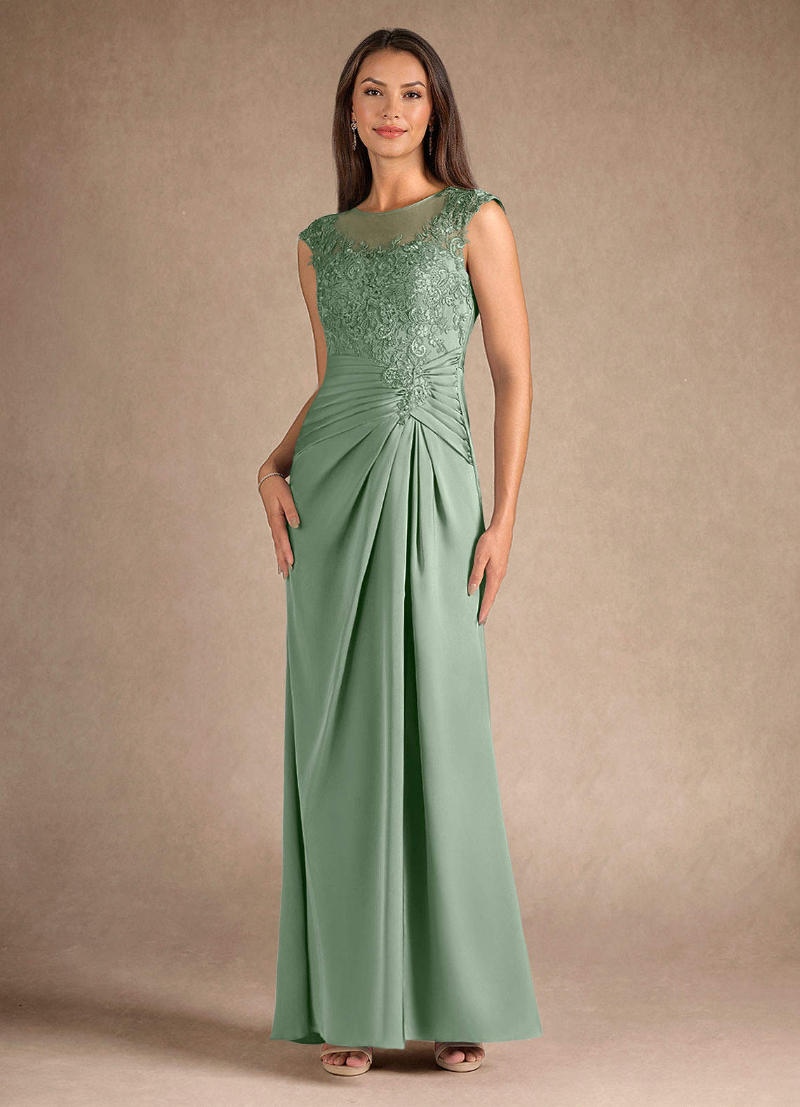 Azazie Santa Barbara Mother of the Bride Dresses Matcha Sheath Pleated Stretch Satin Dress image3