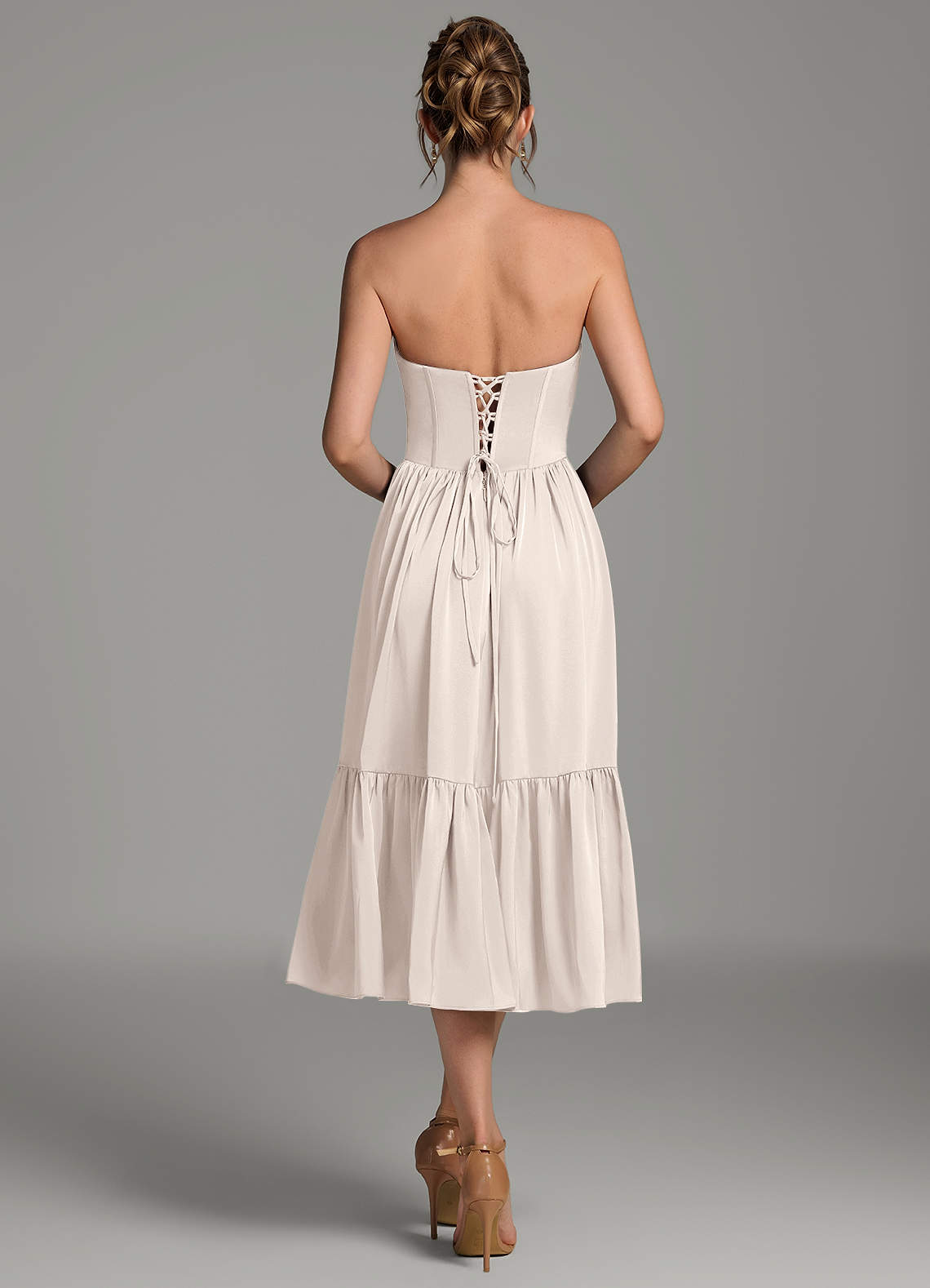 knee length multiway dress Azazie Delphina Ready to Ship White Alabaster Stretch Satin Bridesmaid Dresses infinity dress styles