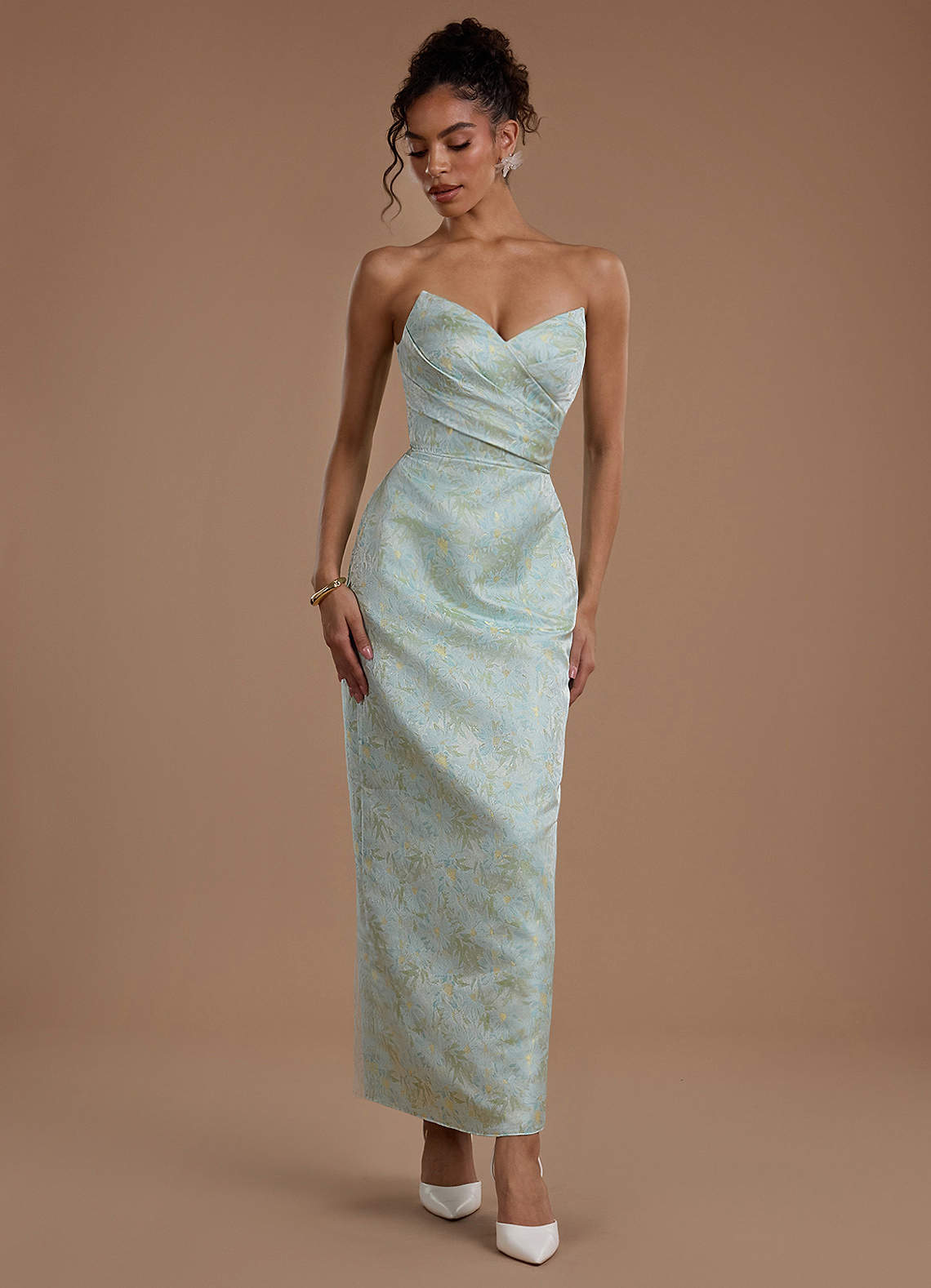 Azazie Plus Size Strapless V Neck Column Maxi Wedding Guest Formal Dresses in Blue Sage