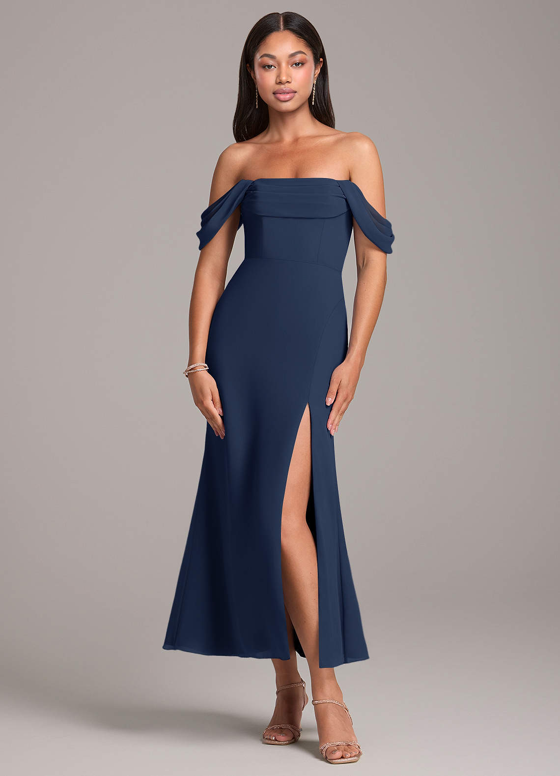 Azazie Saige Bridesmaid Dresses Dark Navy Sheath Off the Shoulder Chiffon Convertible Dress image1