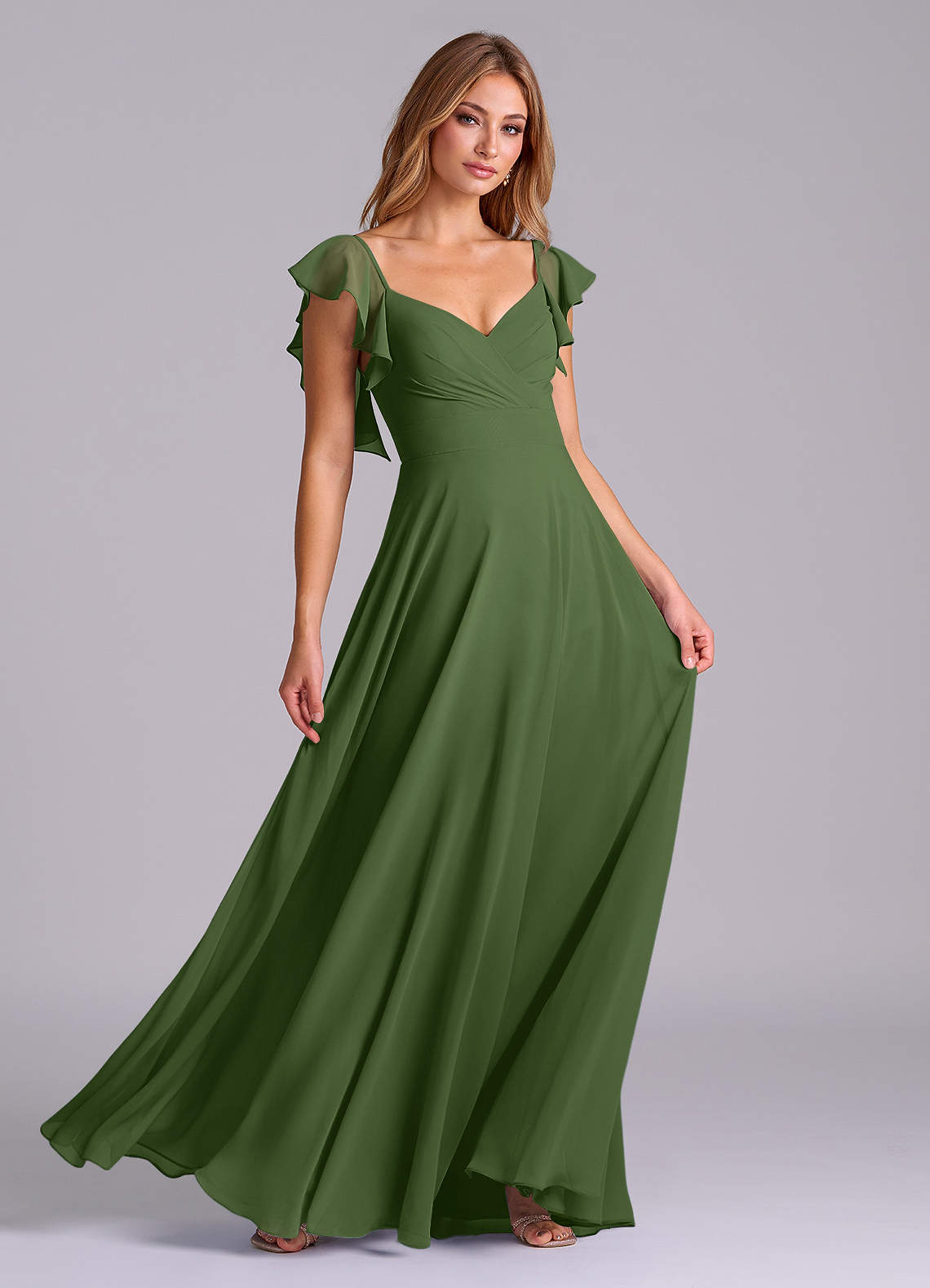 Azazie Leilani Bridesmaid Dresses Olive A-Line Pleated Chiffon Dress image2