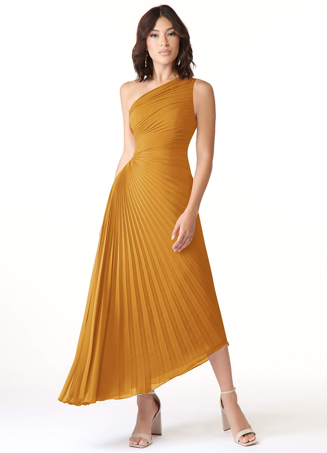 Azazie Kirra Bridesmaid Dresses Butterscotch A-Line One Shoulder Chiffon Dress image1