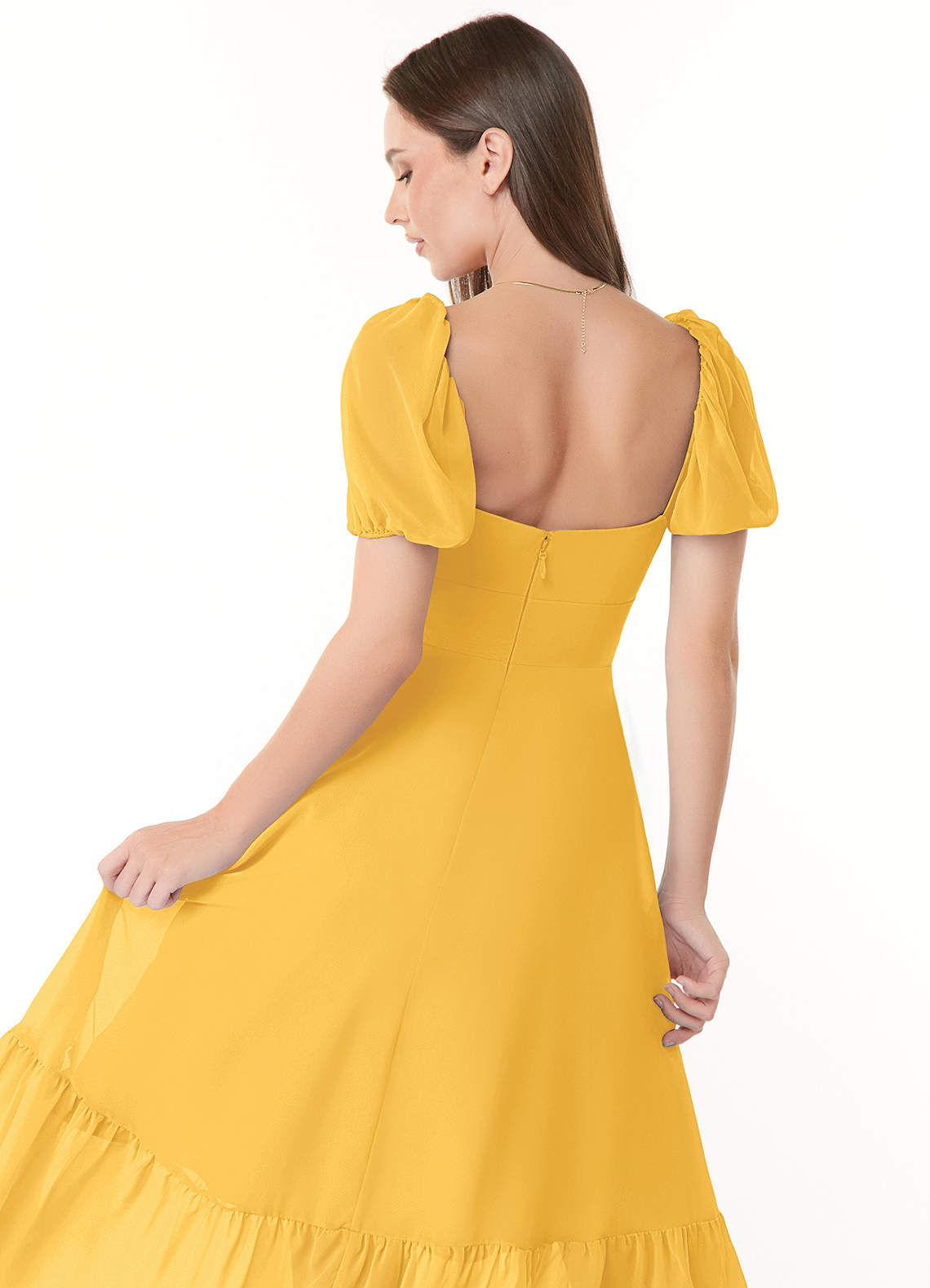 Yellow Chiffon Tea Length Dresses