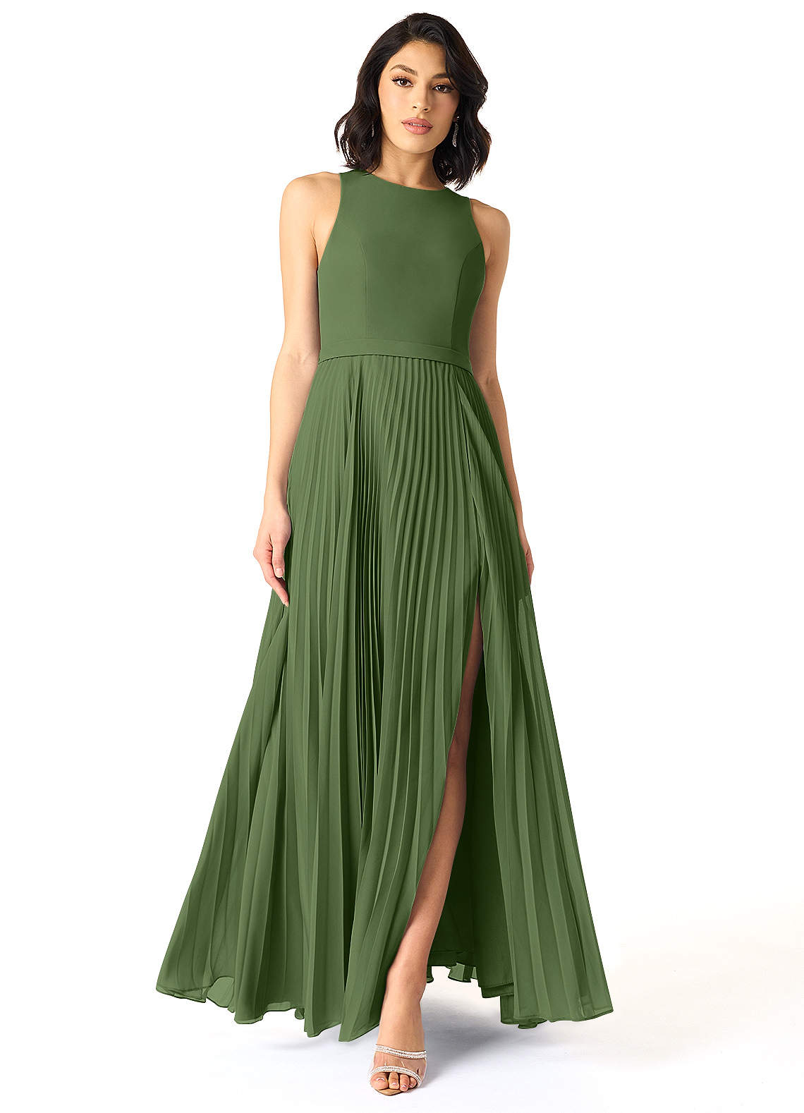 Azazie Lindie Bridesmaid Dresses Olive A-Line Scoop Pleated Chiffon Dress image1