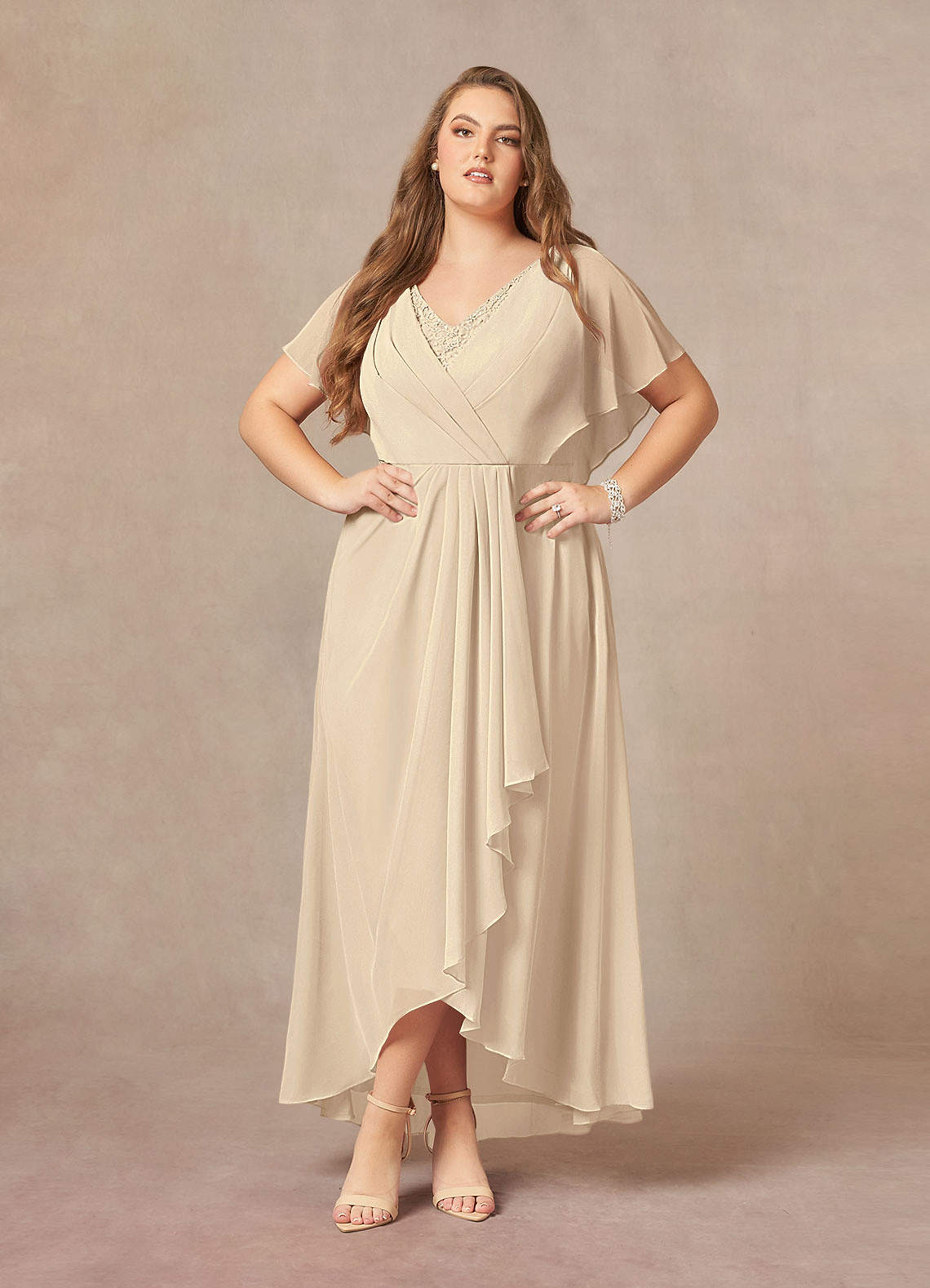Azazie Eliza Mother of the Bride Dresses Champagne A-Line V-Neck Pleated Chiffon Dress image1