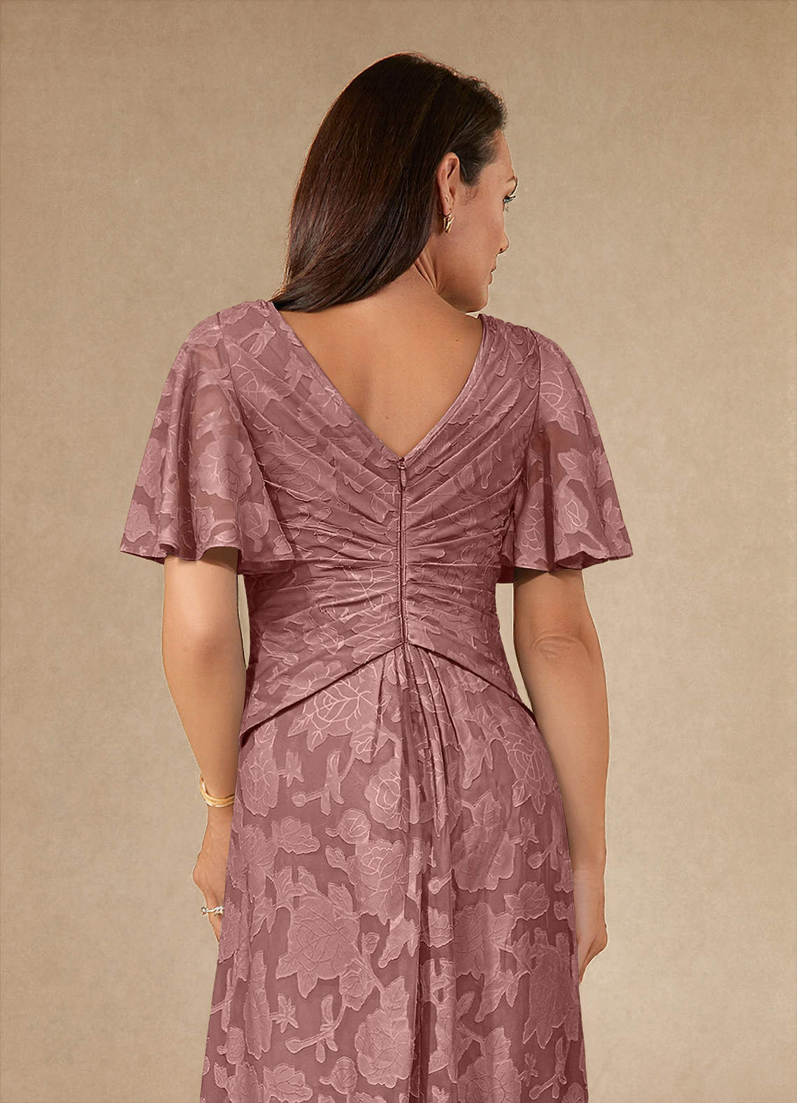 Azazie Emmeline Mother of the Bride Dresses Dusty Rose A-Line Pleated Floral Burnout Dress image5