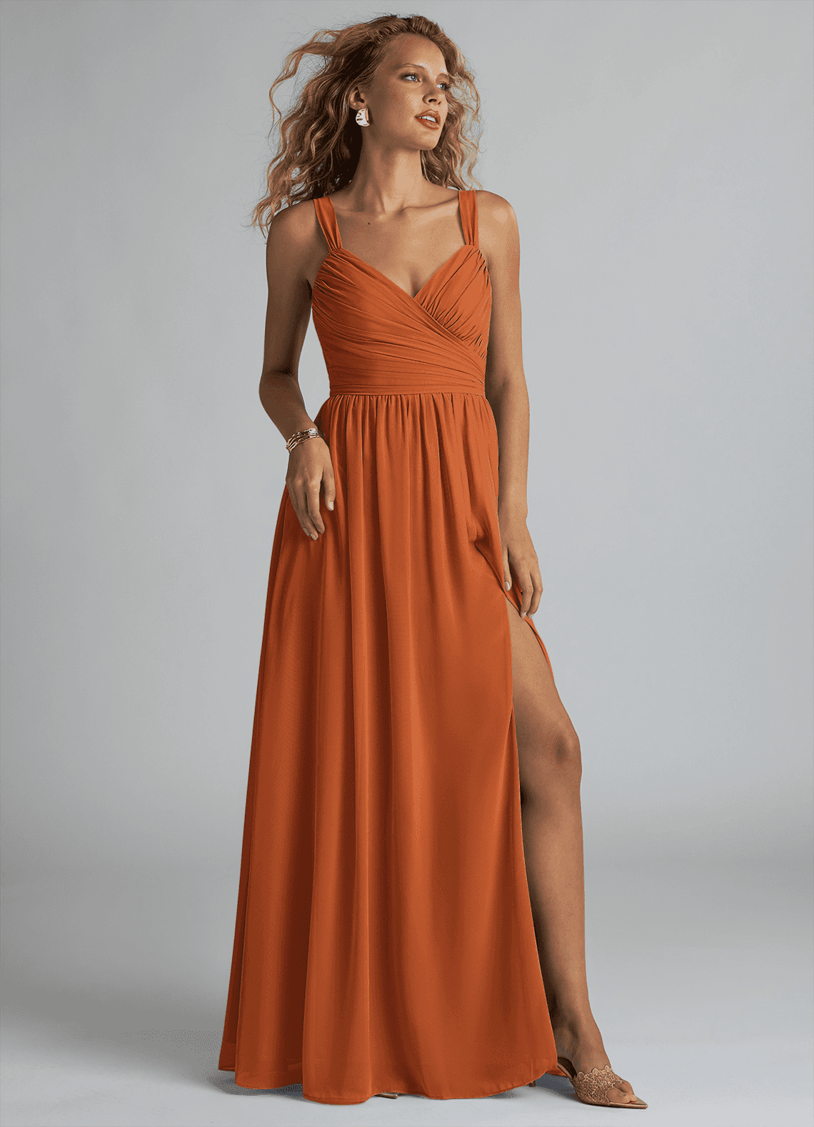 Azazie Aziza Bridesmaid Dresses Cinnamon A-Line V-Neck Pleated Chiffon Dress image1