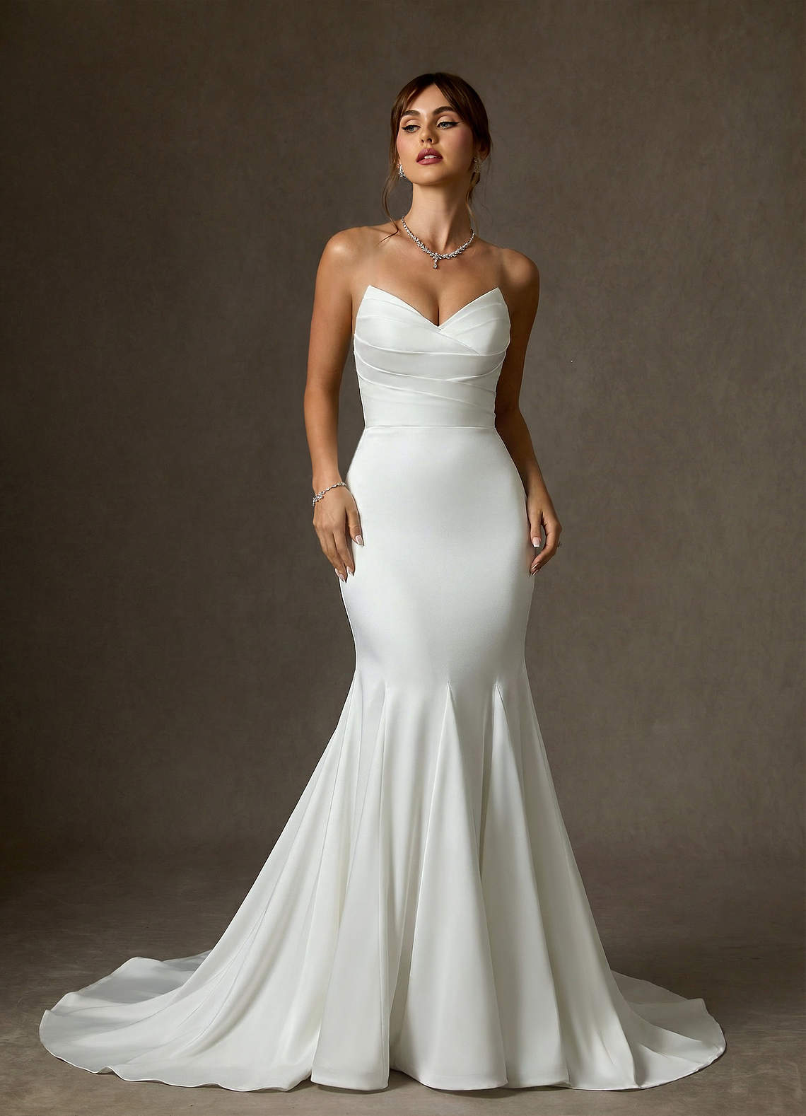 Azazie 2026 Mermaid Modern White Elegant Wedding Dress Chapel Train Crepe Back Satin V-Neck Pleated