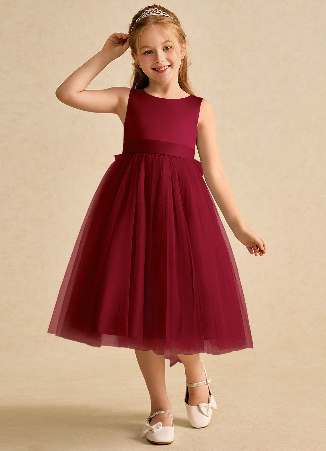 Azazie Winnie Robe Demoiselle D'honneur Fillette Robe Princesse en Tulle Arc Bourgogne image3