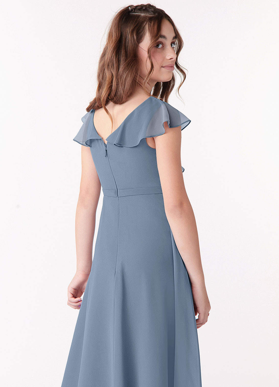 Azazie Posie Junior Dusty Blue A-Line Ruched Chiffon Dress image4
