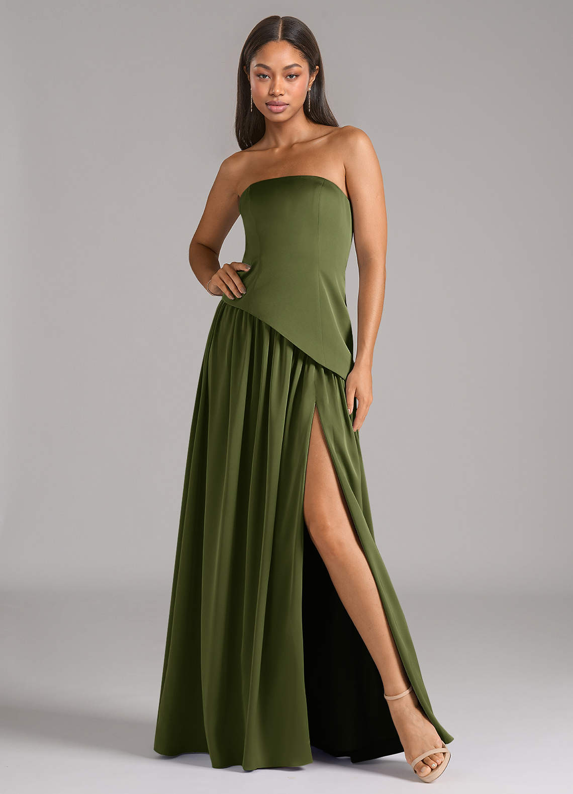 Azazie Adeline Bridesmaid Dresses Olive A-Line Strapless Stretch Satin Convertible Dress image1