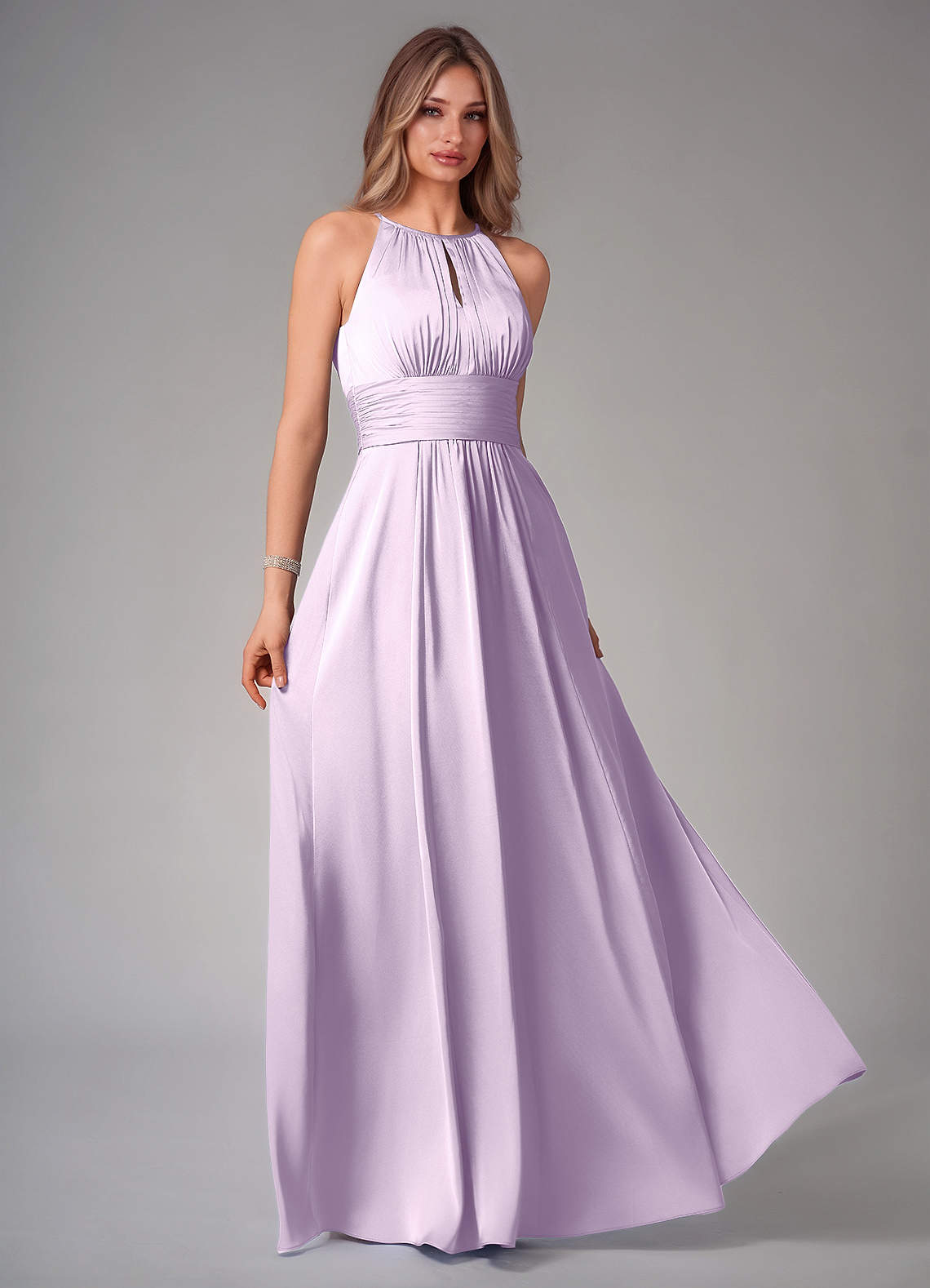Azazie Bonnie Vestidos de damas de honor Vestido de Lila Esmerilada de Satén Elástico de Corte en A con Plisado image1