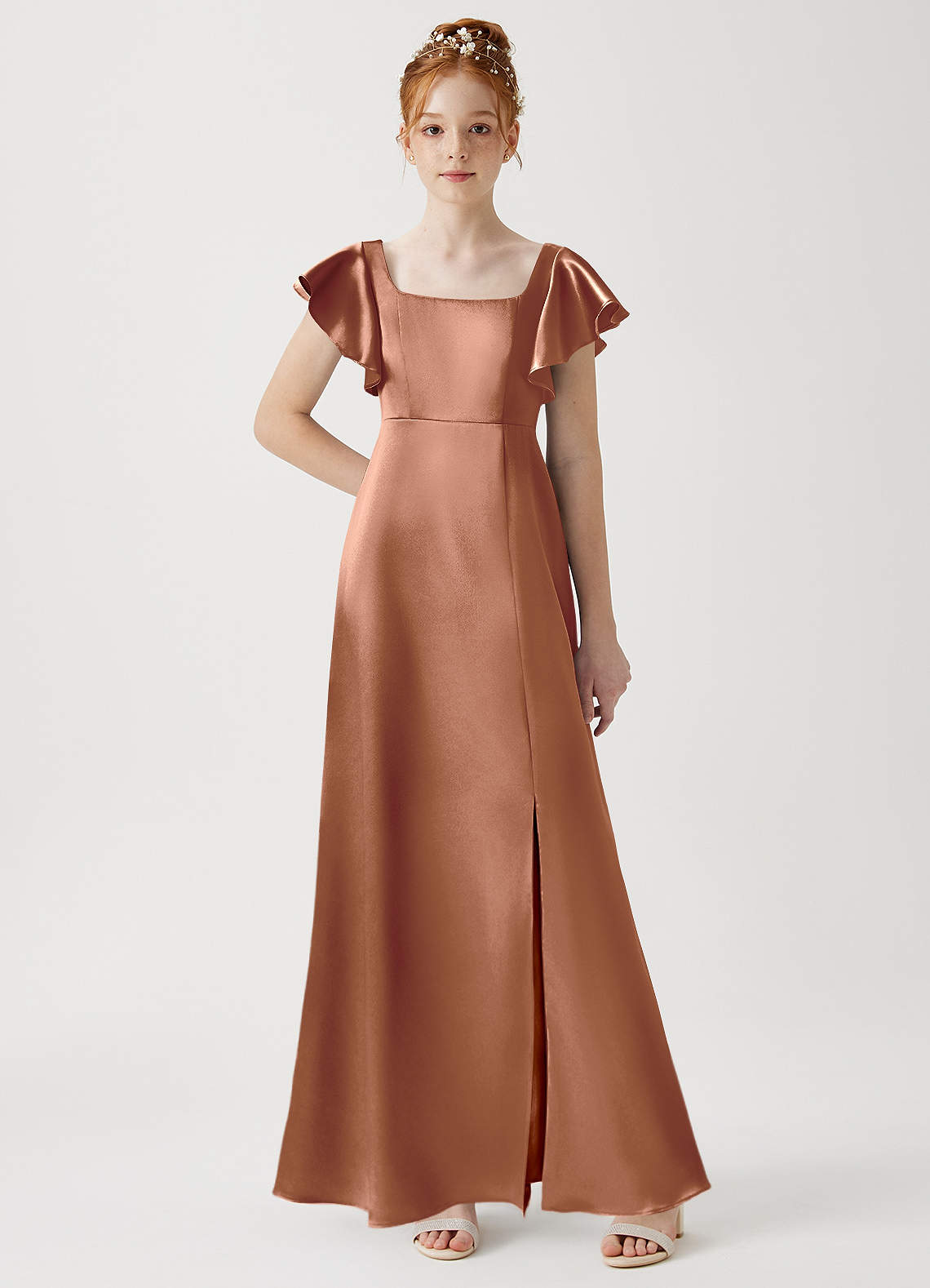 Azazie Bondi Junior Bronzer A-Line Side Slit Metallic Satin Dress image1