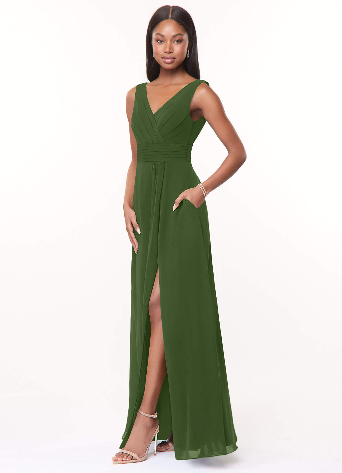 Azazie Karina Bridesmaid Dresses Olive A-Line Pleated Chiffon Dress image2