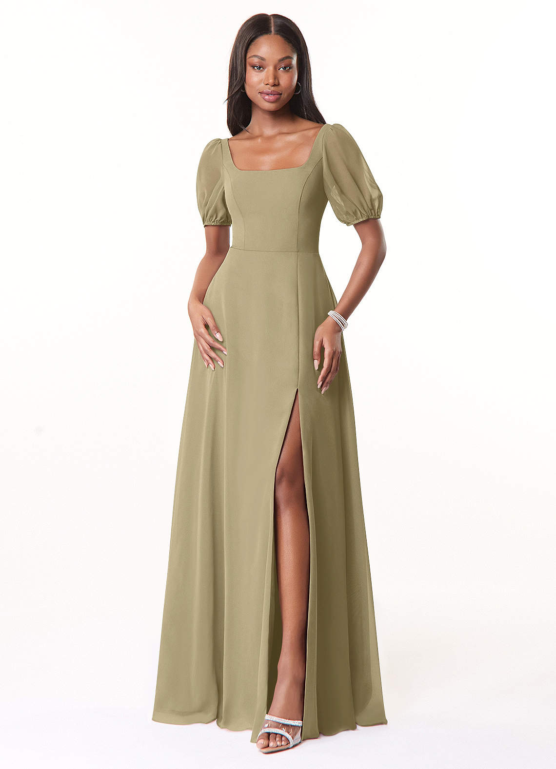 Azazie Alani Robes de demoiselle d'honneur Robe Trapèze en Mousseline de soie Encolure carrée Vert Mousse image1