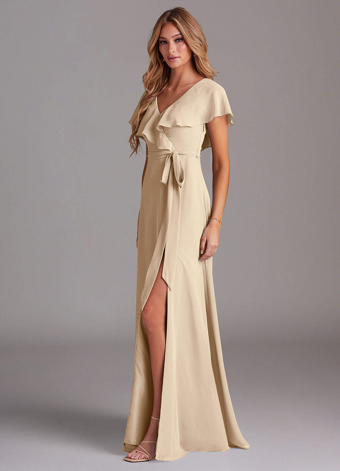 Azazie Lainey Champagne Chiffon Bridesmaid Dresses | Azazie UK