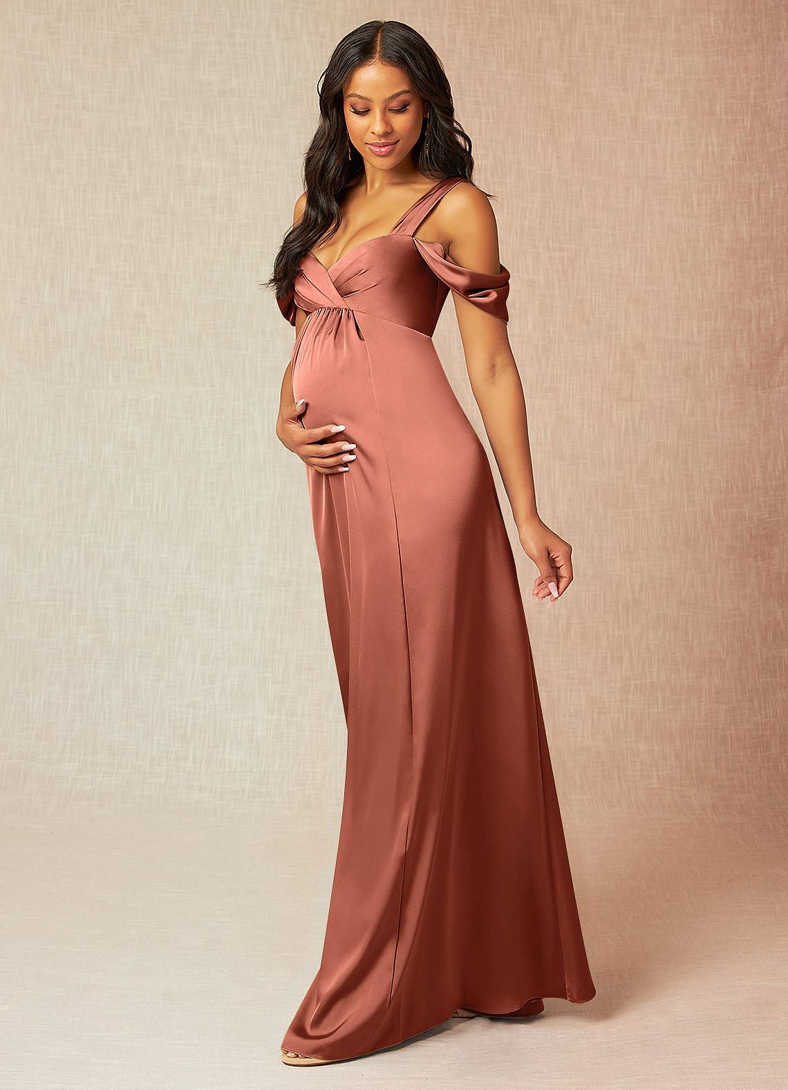 Azazie Rhea Maternity Bridesmaid Dresses A-Line Off-The-Shouler Pleated Stretch Satin Floor-Length Dress image2