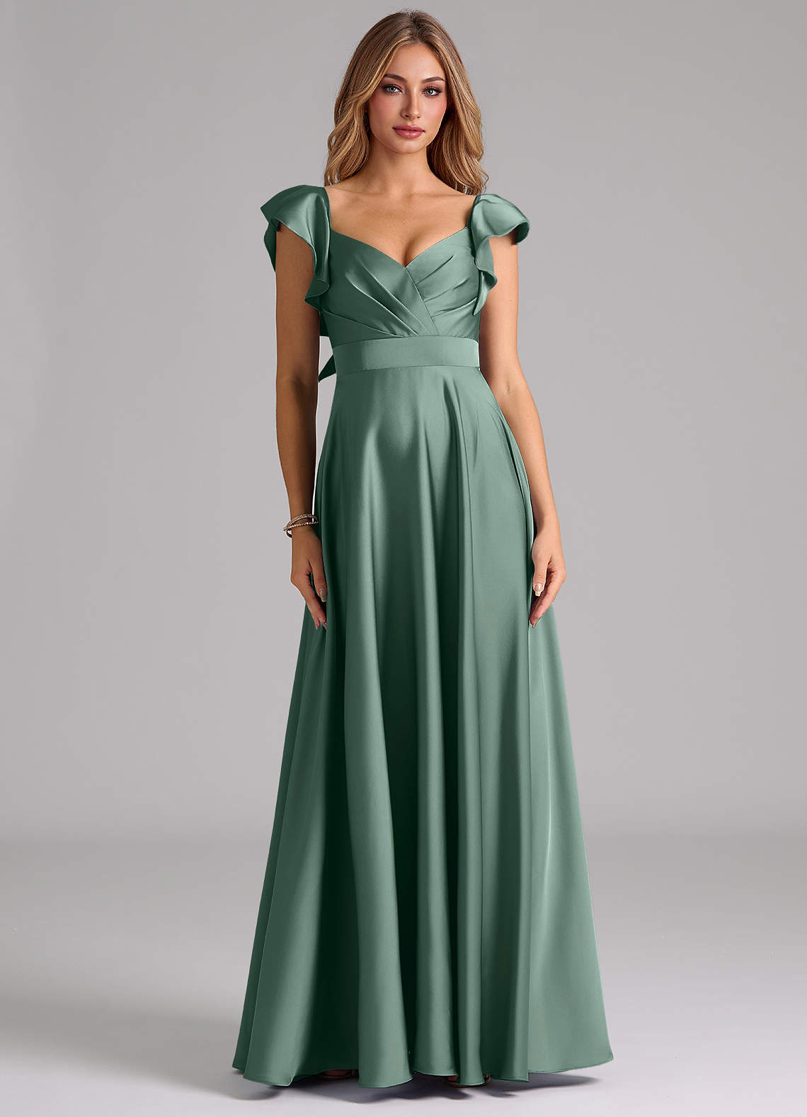 Azazie Leilani Bridesmaid Dresses Eucalyptus A-Line Ruched Stretch Satin Dress image2