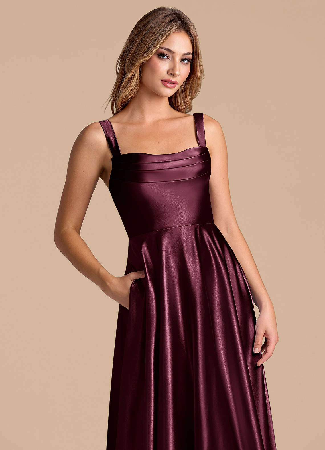 Azazie Shaude Brudtärnklänningar Klä av A-Linje i Metallisk satin Plisserad Cabernet image1