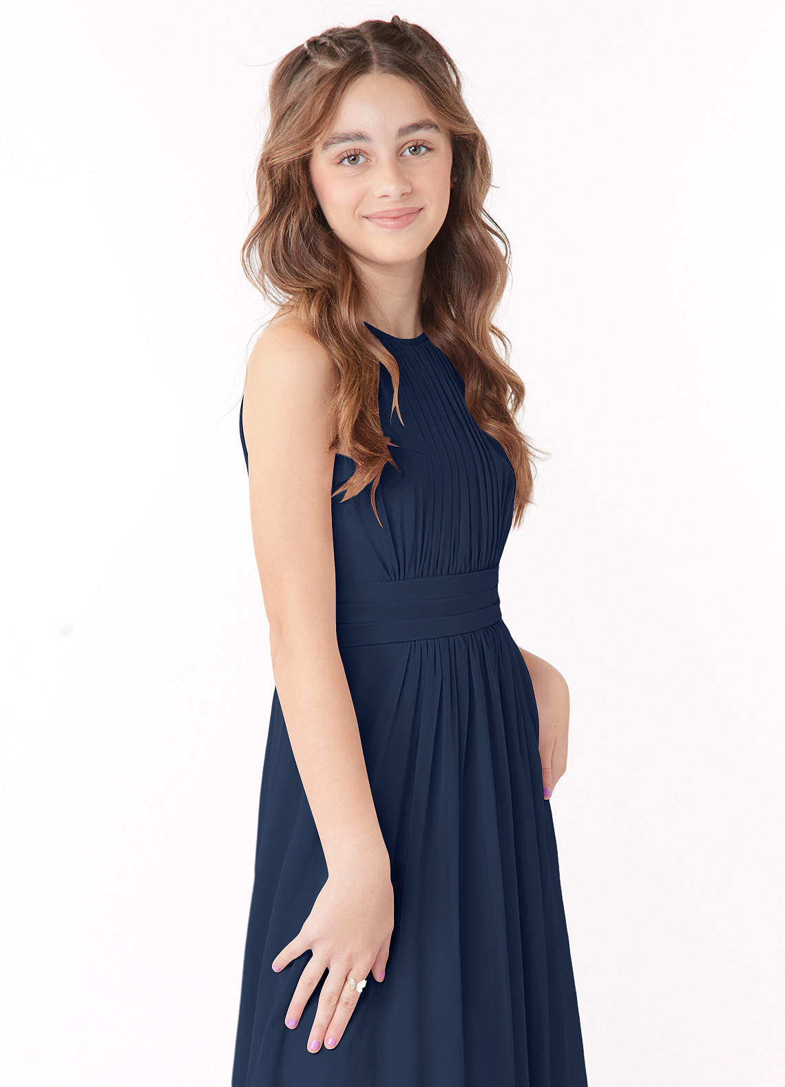 Azazie Bonnie Junior Dark Navy A-Line Pleated Chiffon Dress image3
