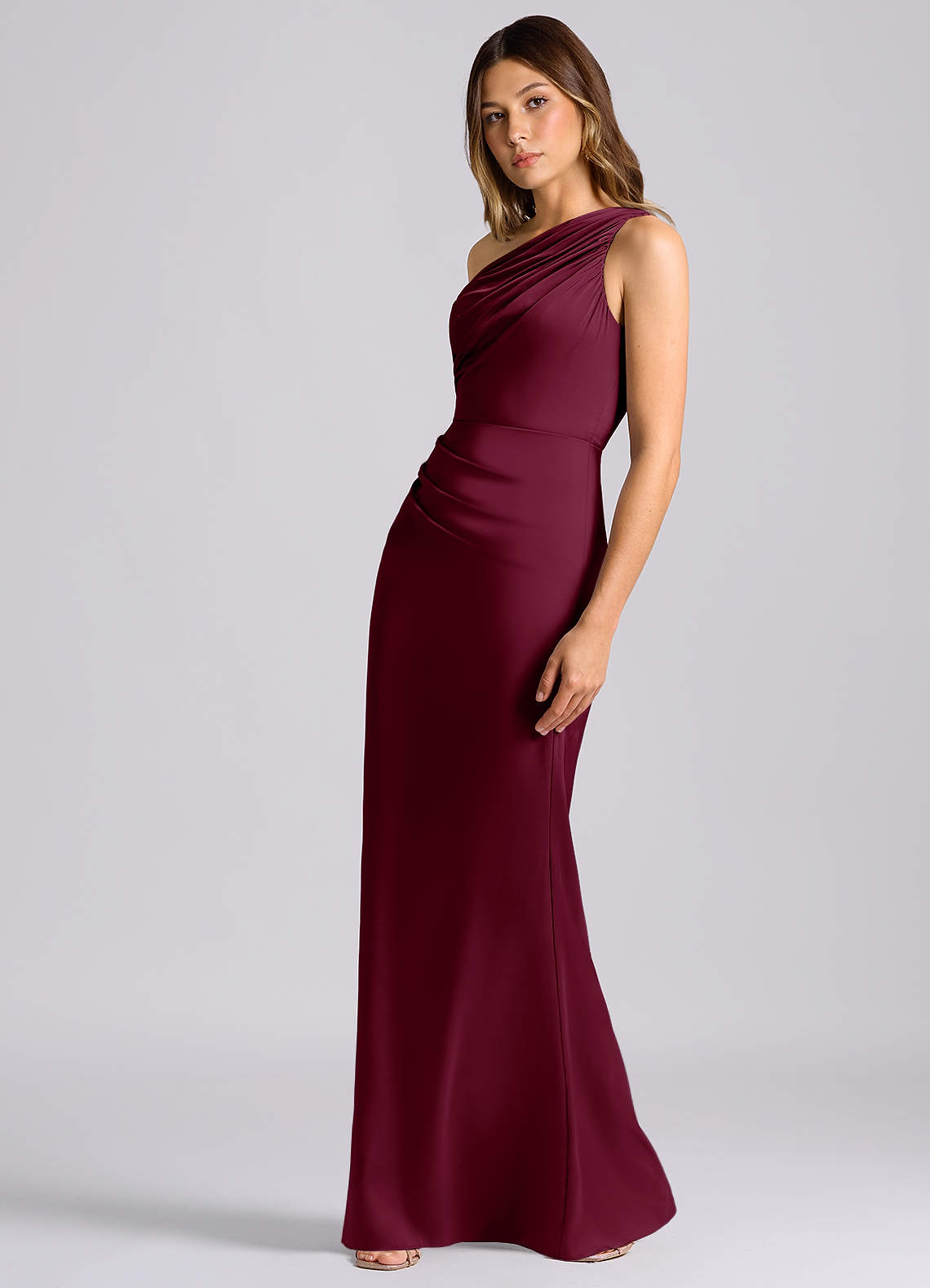 Azazie Akilah Bridesmaid Dresses Mulberry Mermaid One Shoulder Stretch Satin Dress image4