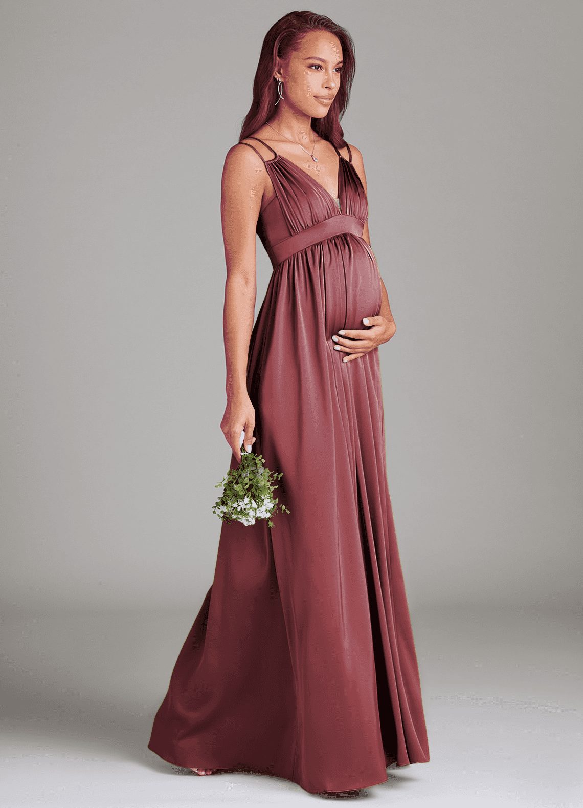 Azazie Emree At-home Try On Dresses A-Line Stretch Satin Floor-Length Dress with Pockets image3