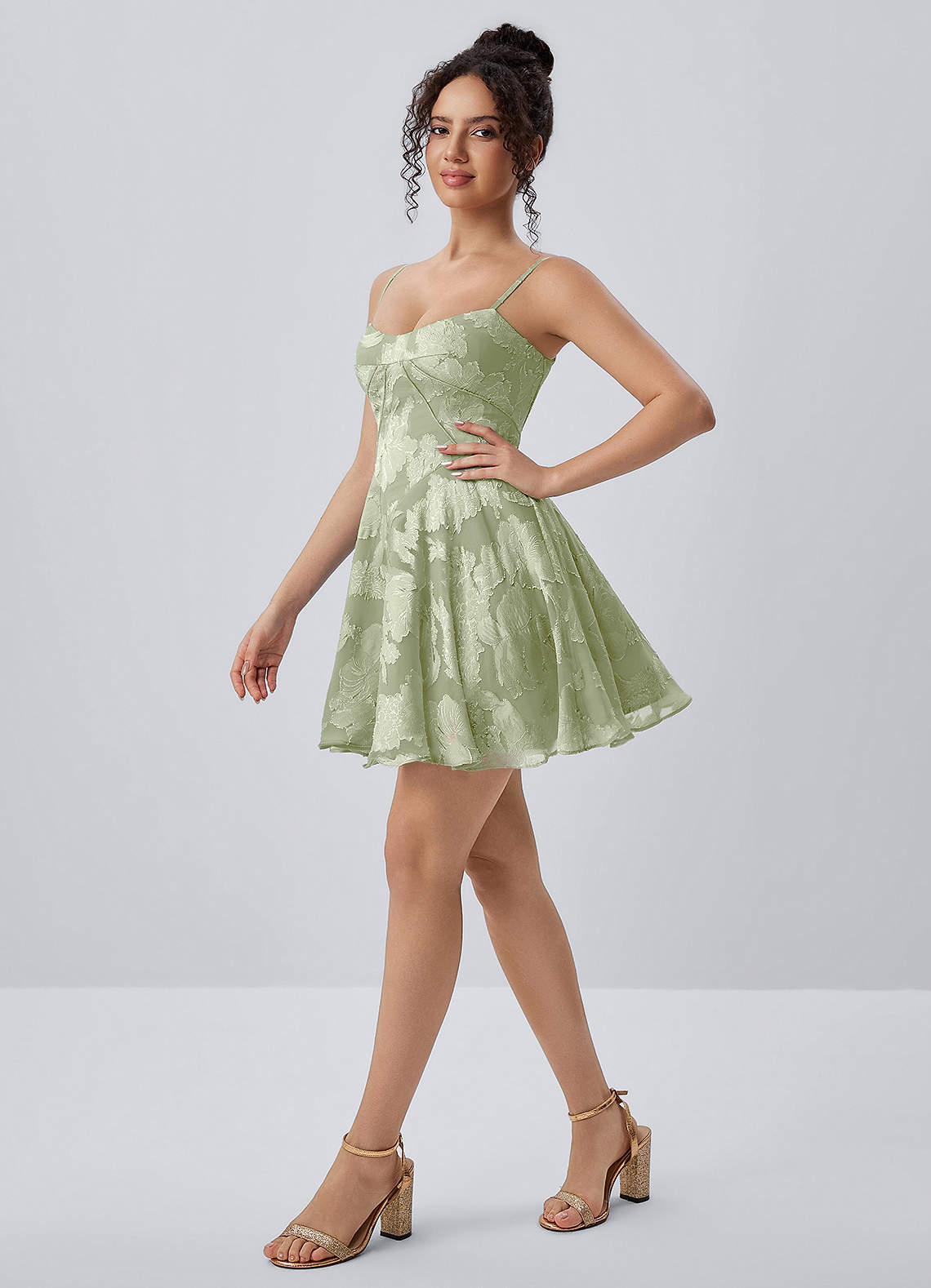 brighter side light green floral satin jacquard mini dress Azazie A-Line Quinceañera Damas Dresses Lace Up Burnout Scoop GLS By Gloria