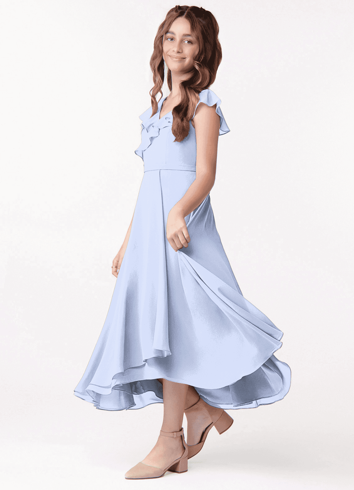ice blue tea length dress Azazie Posie Junior