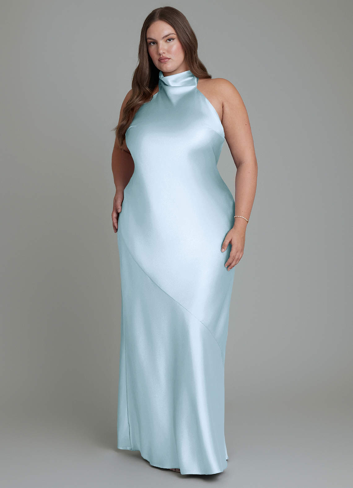 Azazie Velli At-home Try On Dresses Sky Blue Sheath High Neck Metallic Satin Dress image6