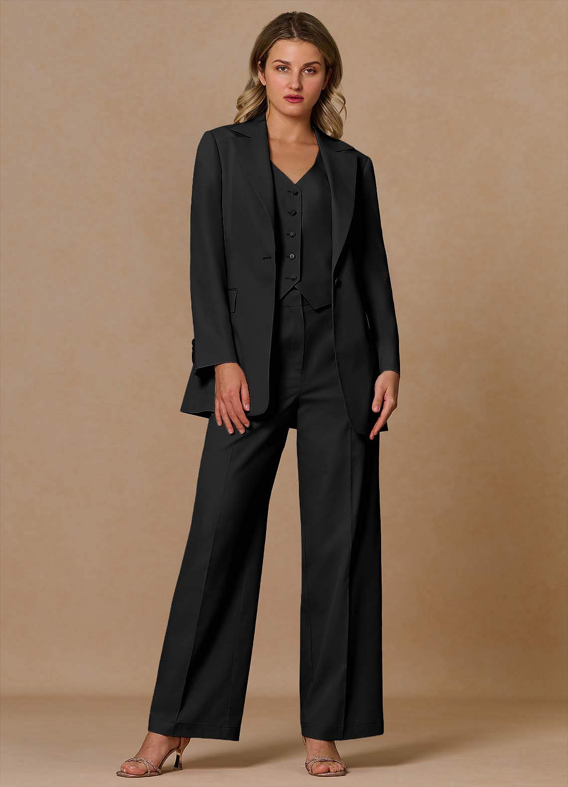front Margaret Black Cotton Linen Blend 3-Piece Suit