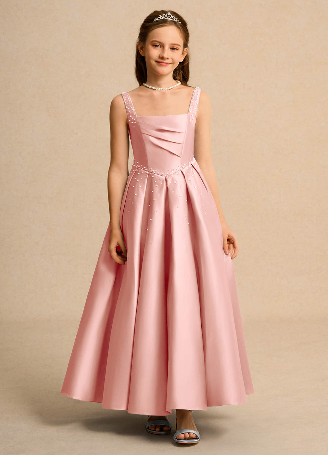 Azazie Mochi Girl Jurken voor bloemenmeisjes Baljurk Jurk van Mat Satijn Geplooid Rozet image1