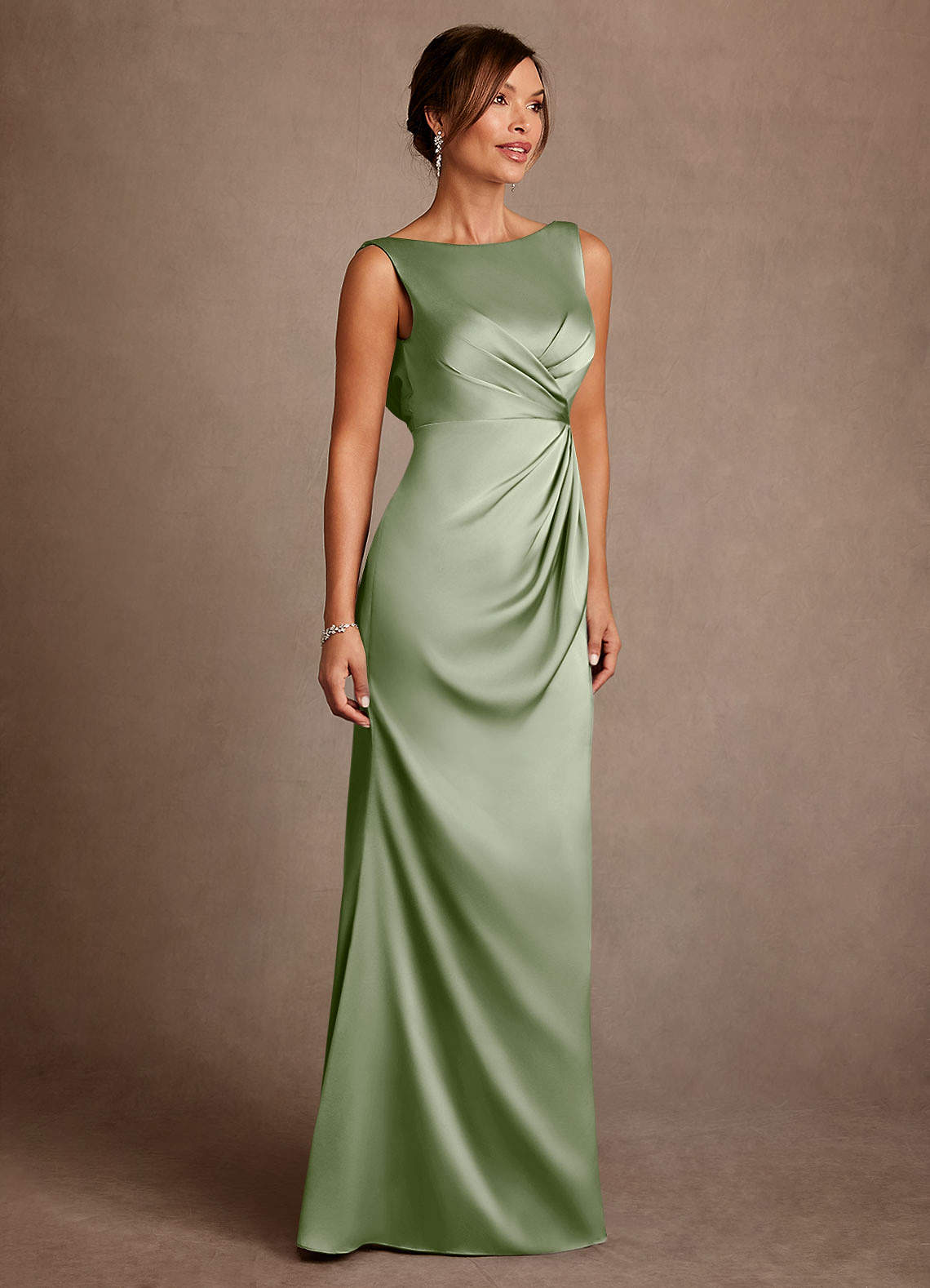Azazie Baltimore Mother of the Bride Dresses Dusty Sage A-Line Pleated Stretch Satin Dress image3