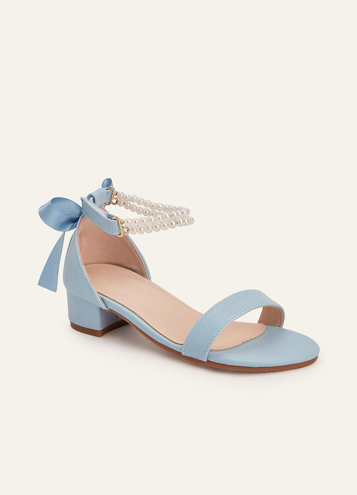 front Pearl and Bow Open Toe Girl's Block Heels for Toddler Little Big Kid