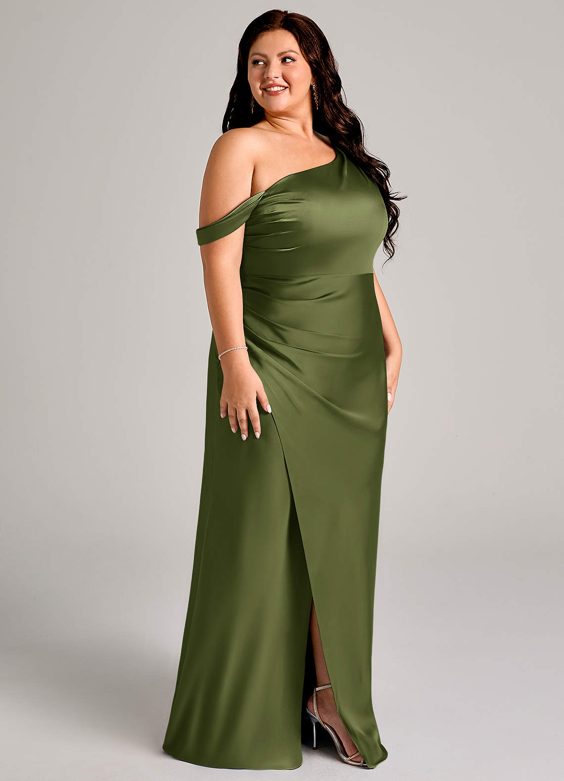 Azazie Madelyn Bridesmaid Dresses Olive Mermaid One Shoulder Stretch Satin Convertible Dress image11