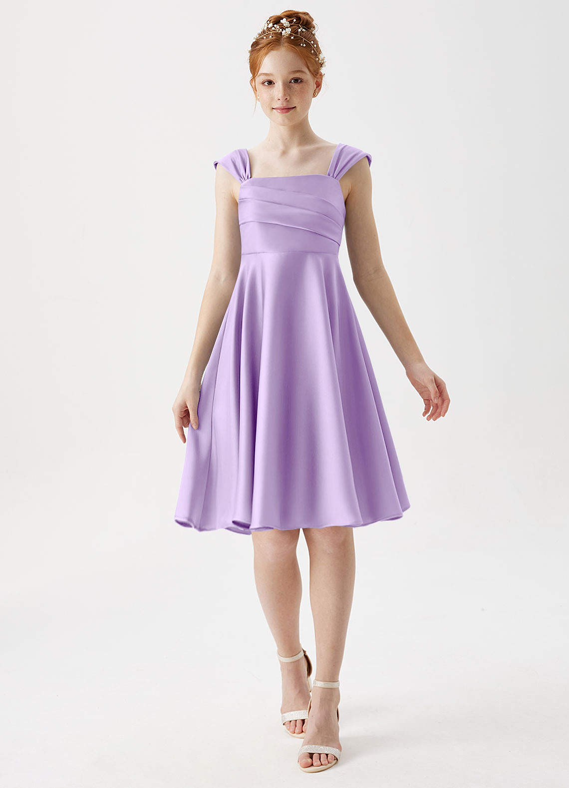 Azazie Amira Junior Vestido de Lila de Satén Elástico de Corte En A con Plisado image1