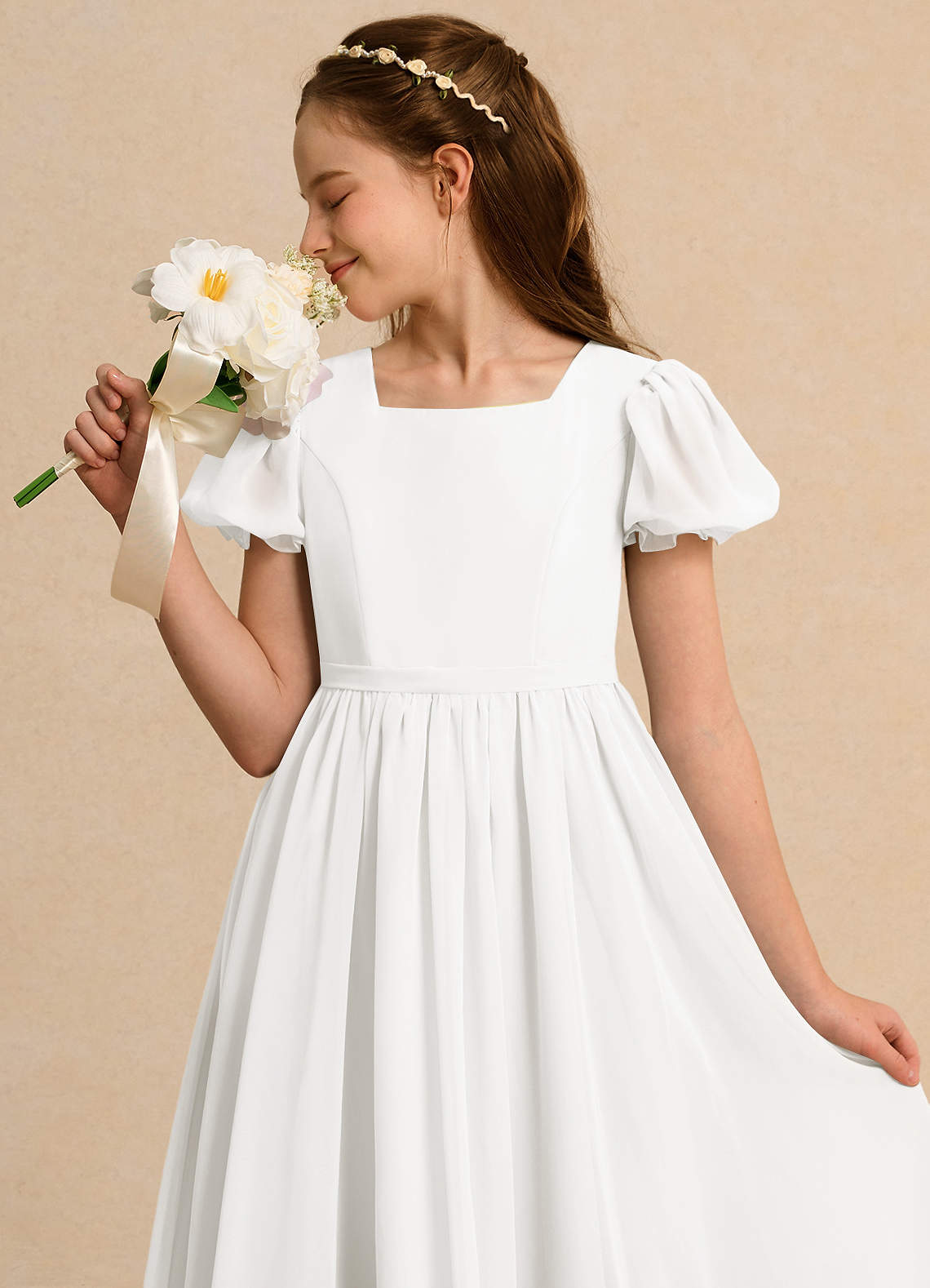 Azazie Joss Flower Girl Dresses Ivory A-Line with Sleeves Chiffon Dress image11