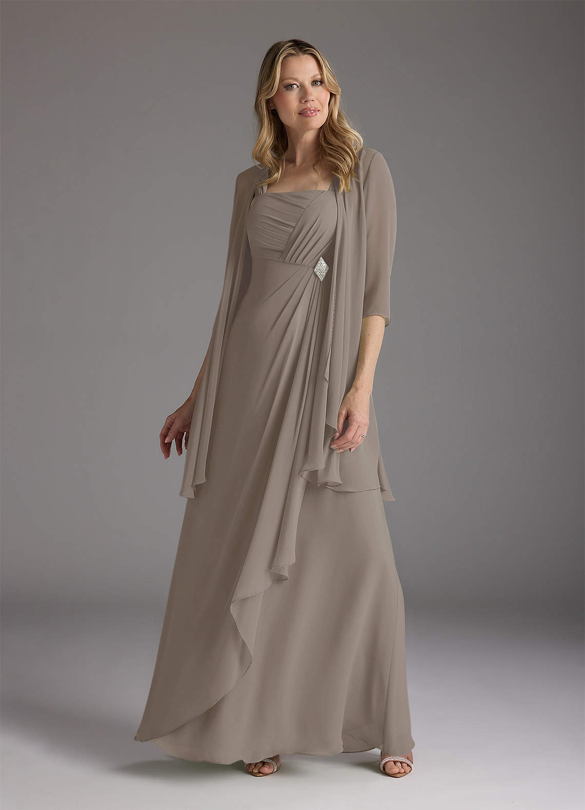 Azazie Weisz Mother of the Bride Dresses Taupe A-Line Square Neckline Pleated Chiffon Dress image1