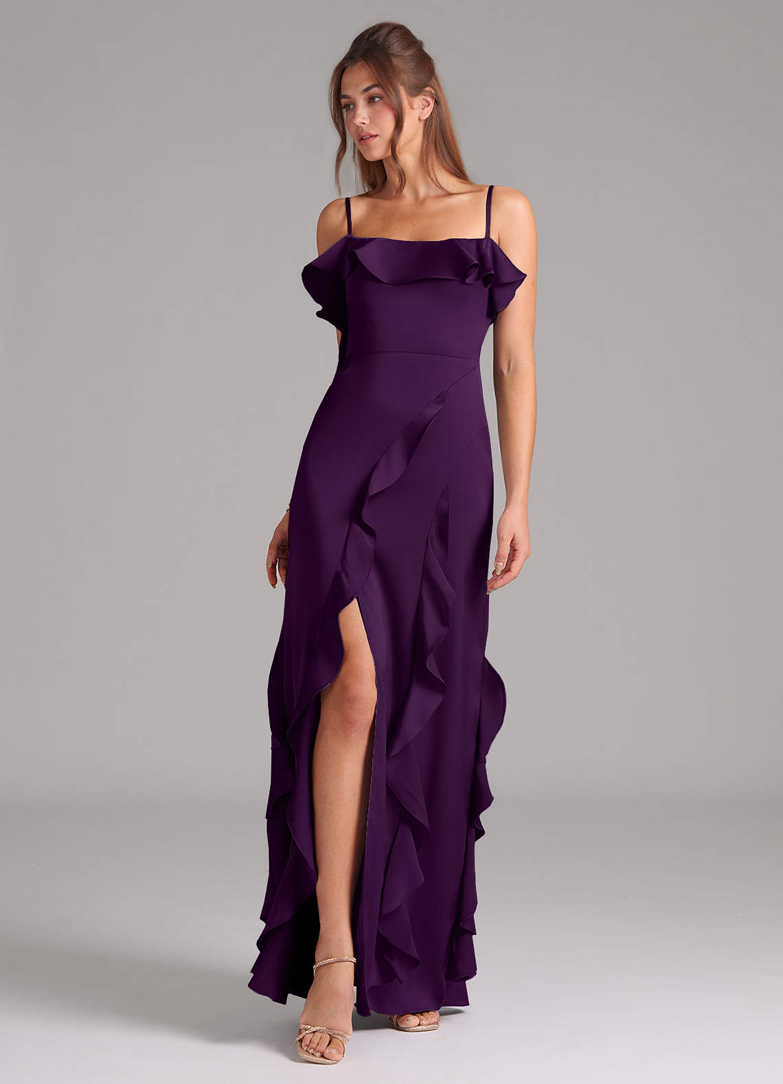 Azazie Malia Bridesmaid Dresses Grape A-Line Side Slit Stretch Satin Dress image1