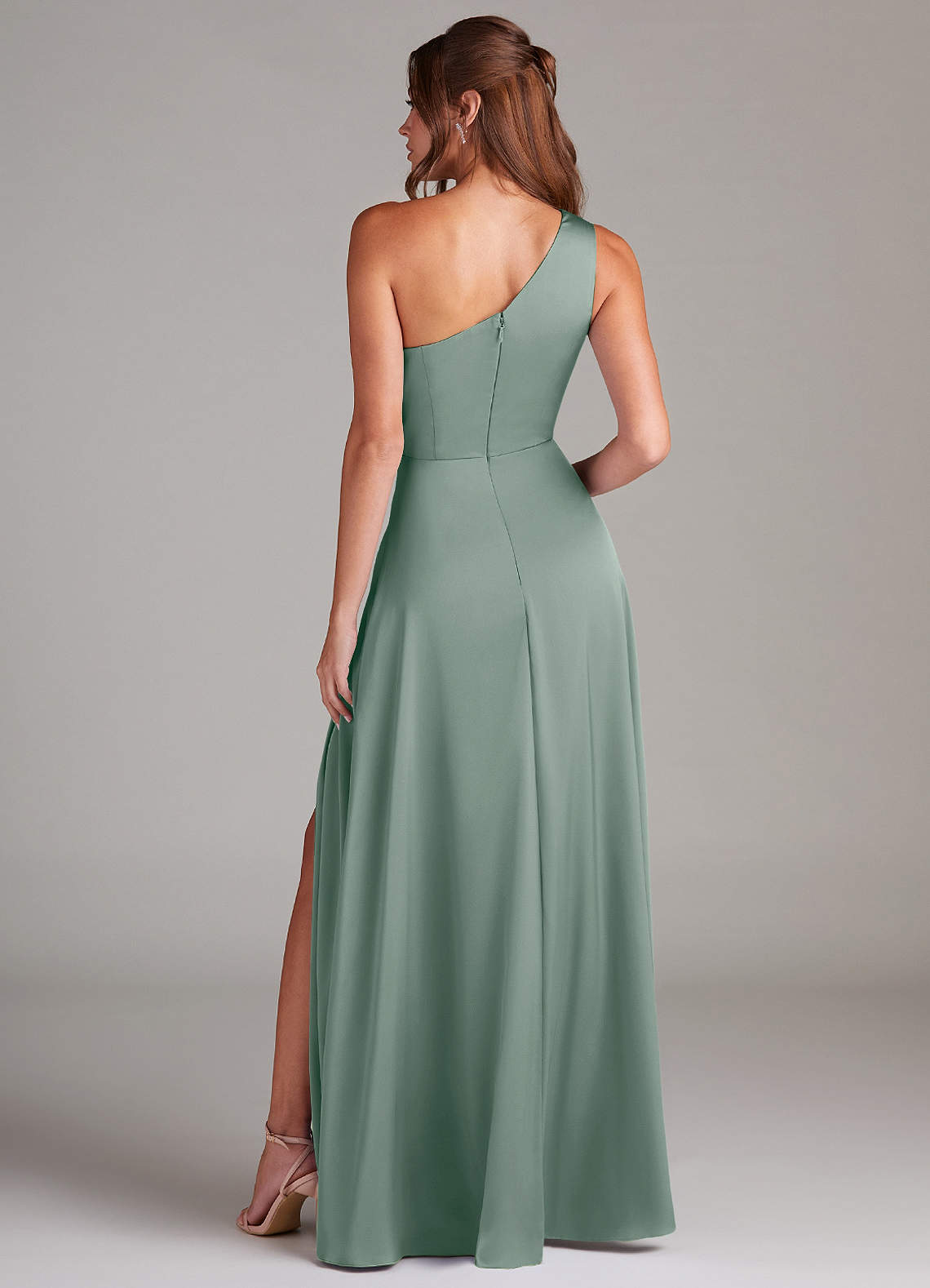 Azazie Brooke At-home Try On Dresses Emerald A-Line One Shoulder Stretch Satin Dress image7