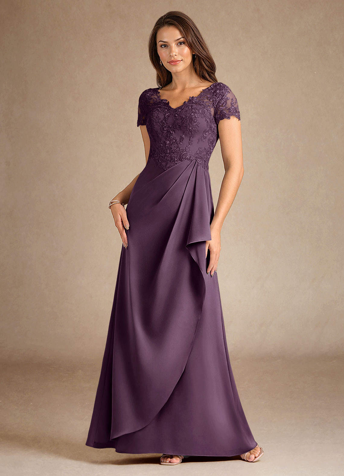 Azazie Santa Ana Plum A-Line Lace Stretch Satin Dress Ready to