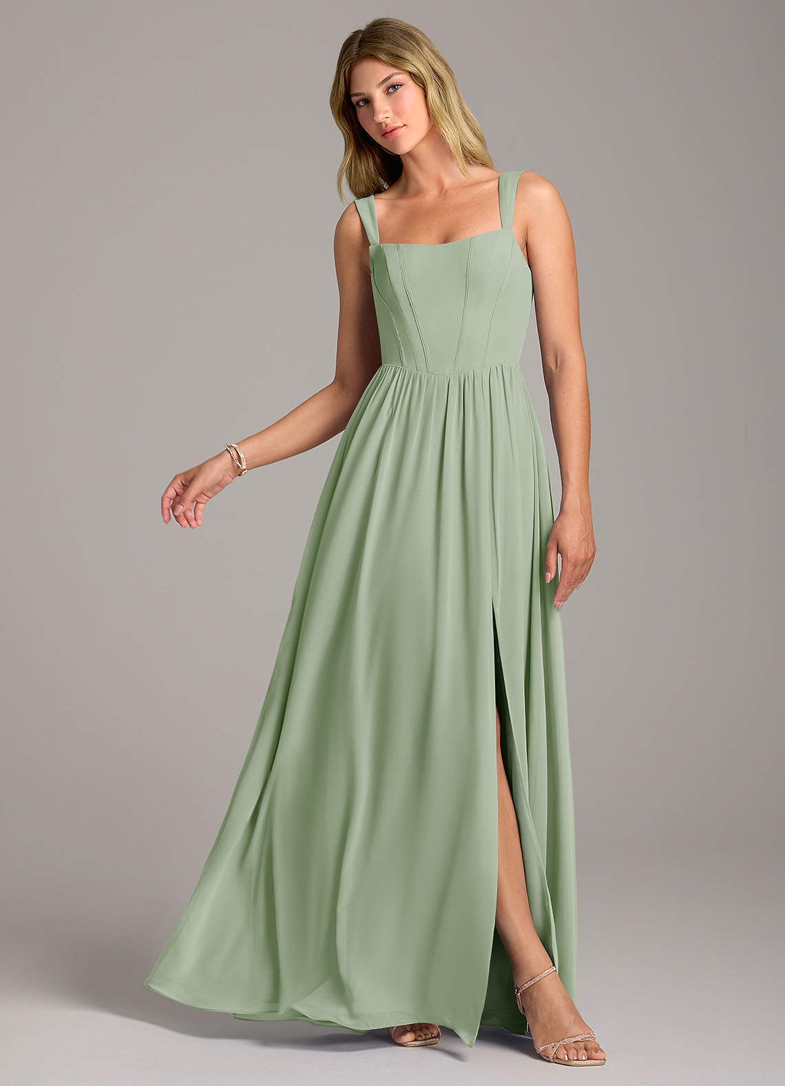 Azazie Rosaline Bridesmaid Dresses Dusty Sage A-Line Side Slit Chiffon Dress image1