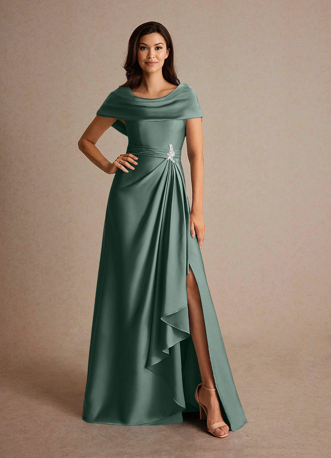 green emerald velvet dress Ladivine 7483 Champagne Satin Fitted Evening Dress 8 / Champagne