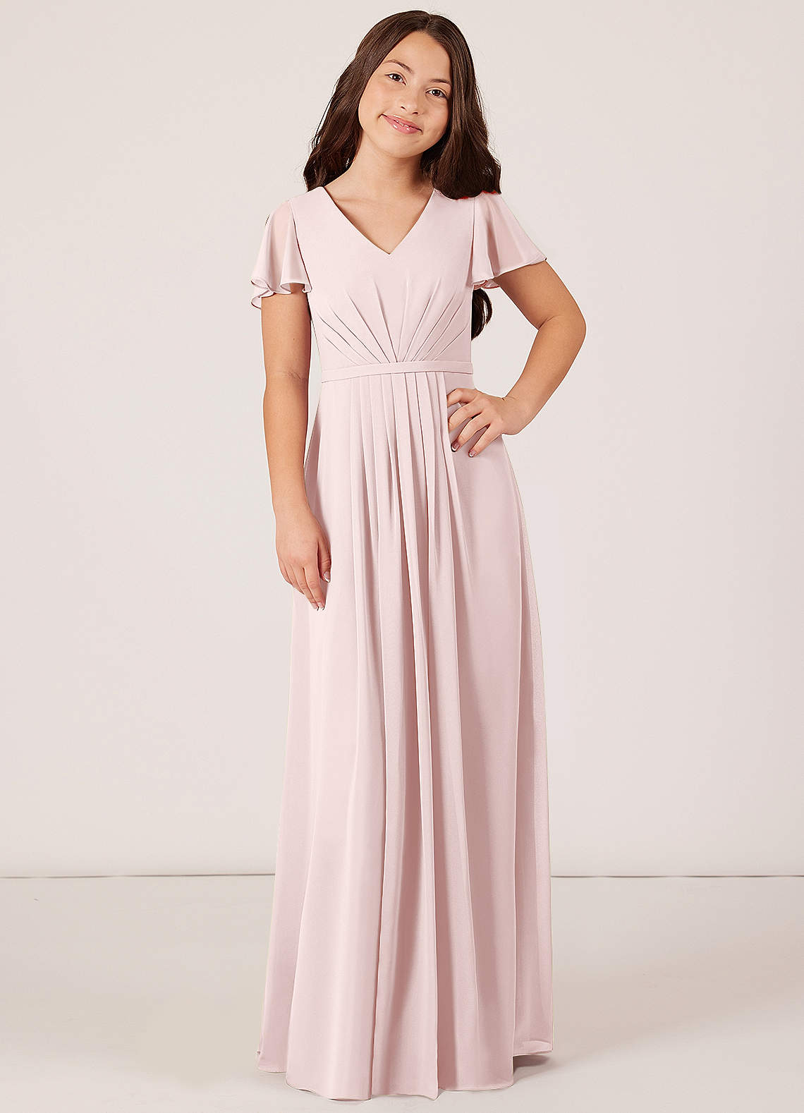 Azazie Peony Junior Jurk van Chiffon met A-Lijn Geplooid Blozend Roze image1