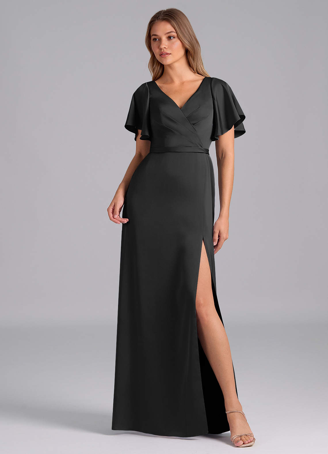 Azazie Ambrosia Bridesmaid Dresses Black A-Line Pleated Stretch Satin Dress image1