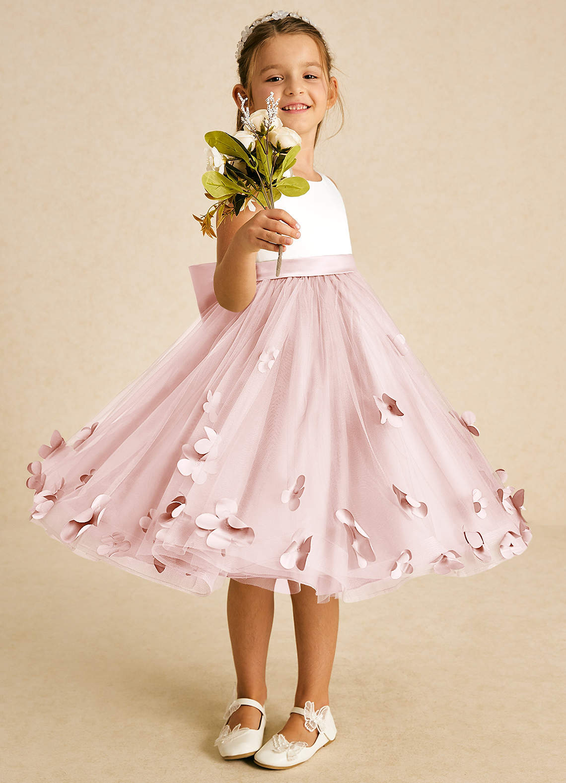 Azazie Sprout Flower Girl Dresses Blushing Pink A-Line Bow Tulle Dress image1