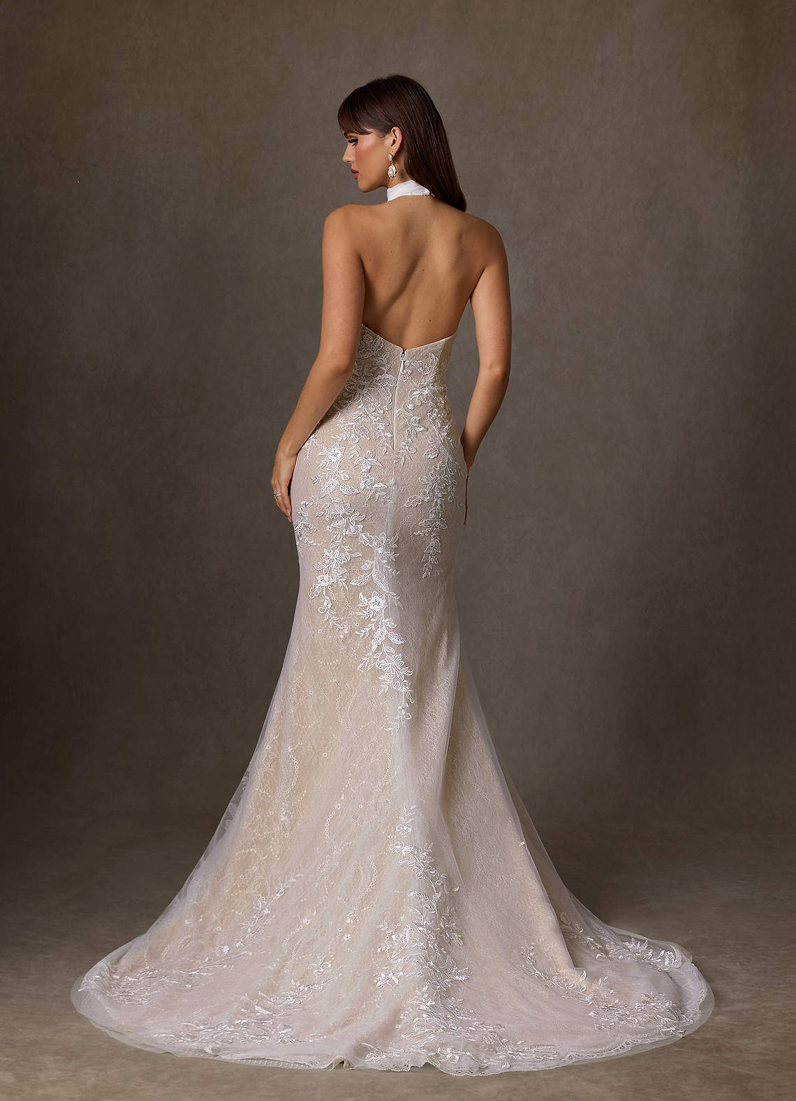 Azazie Kaiyana Diamond White Champagne Sheath High Neck Lace Dress | Azazie