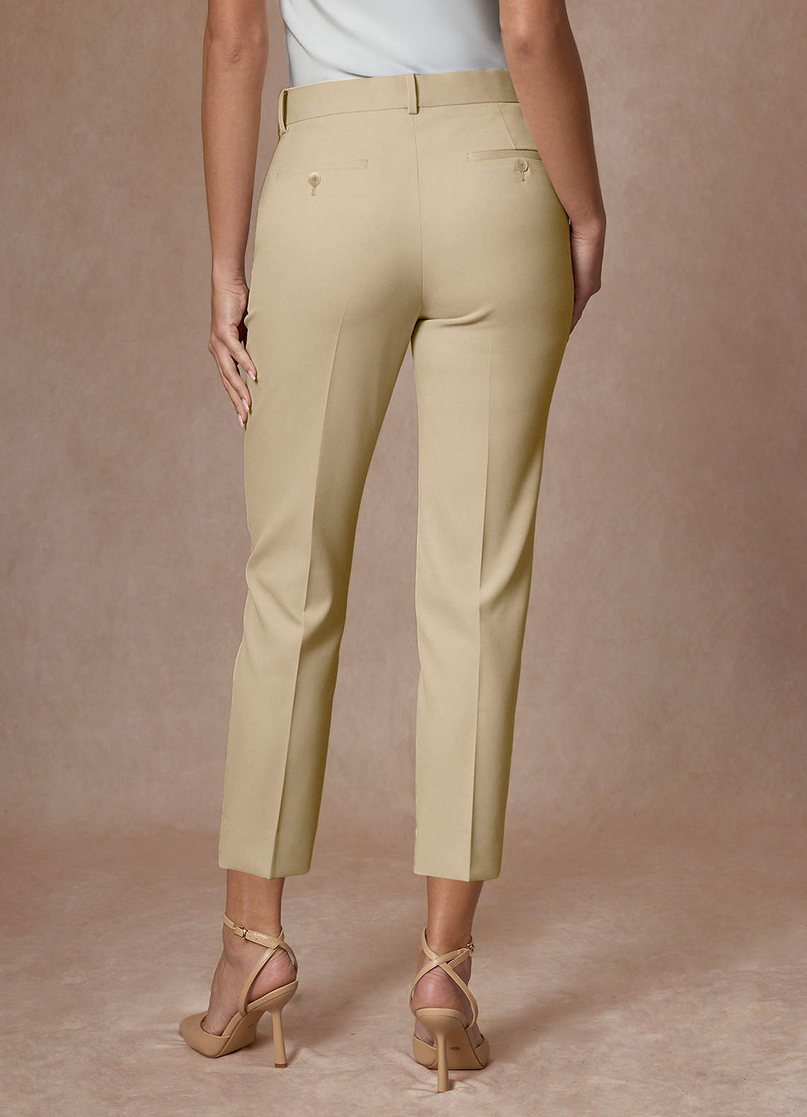 front Whitney Champagne Structured Stretch Cropped Dress Pants